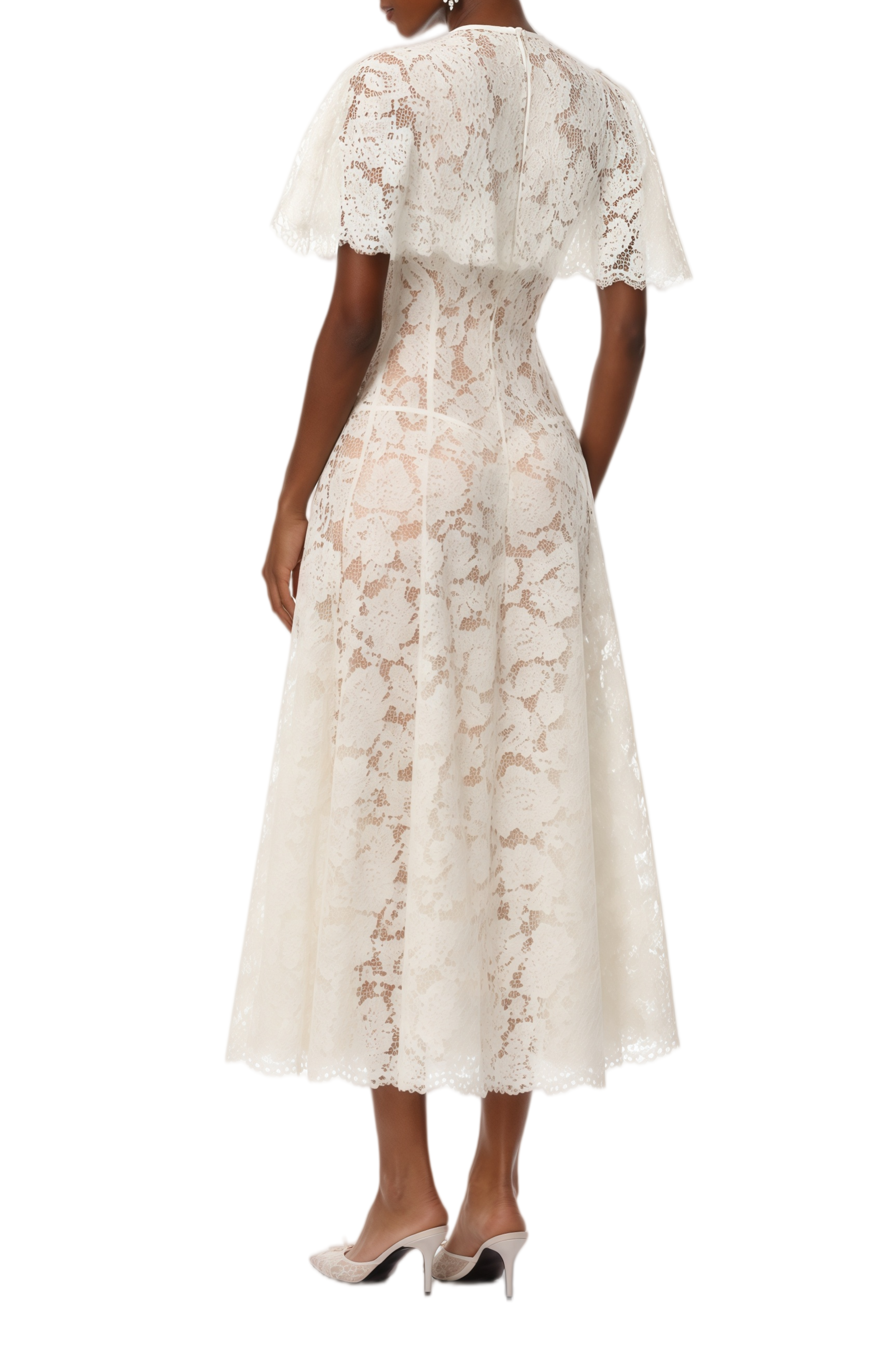 Claire White Cape Design Floral Lace Midi Dress
