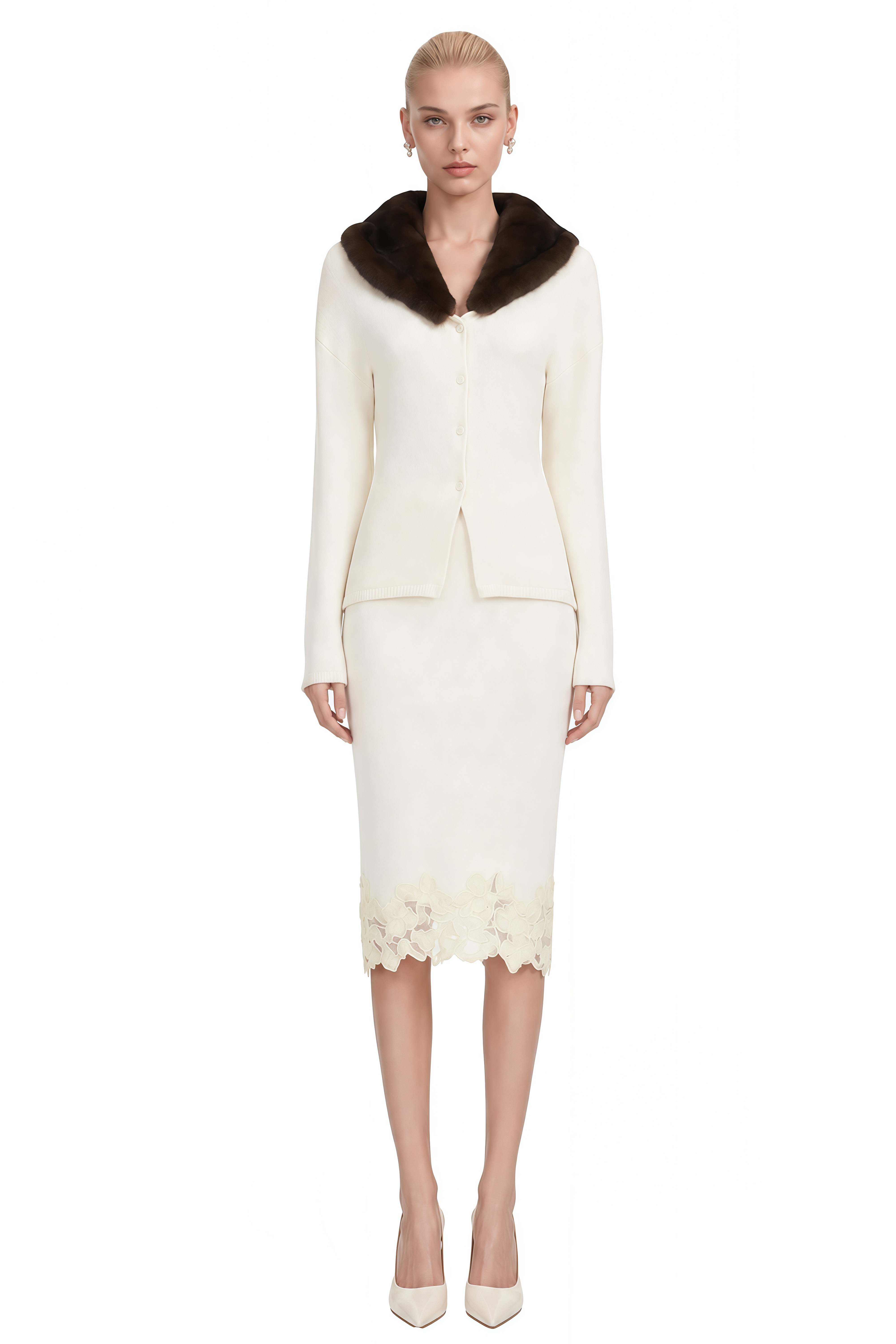 Miranda Ivory Fur Collar Lace Top & Skirt Set