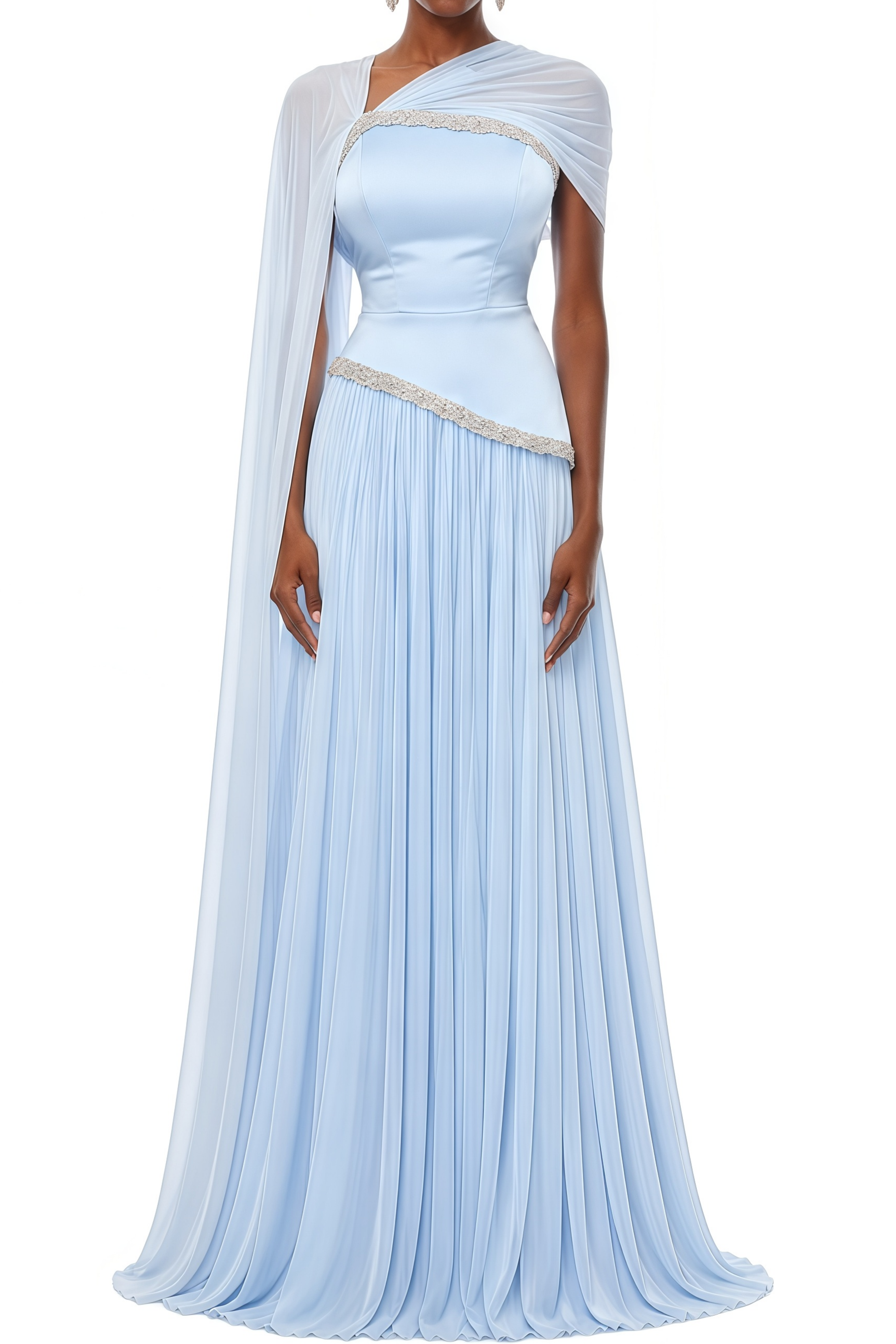 Diana Light Blue Cape Design Pleated Maxi Dress