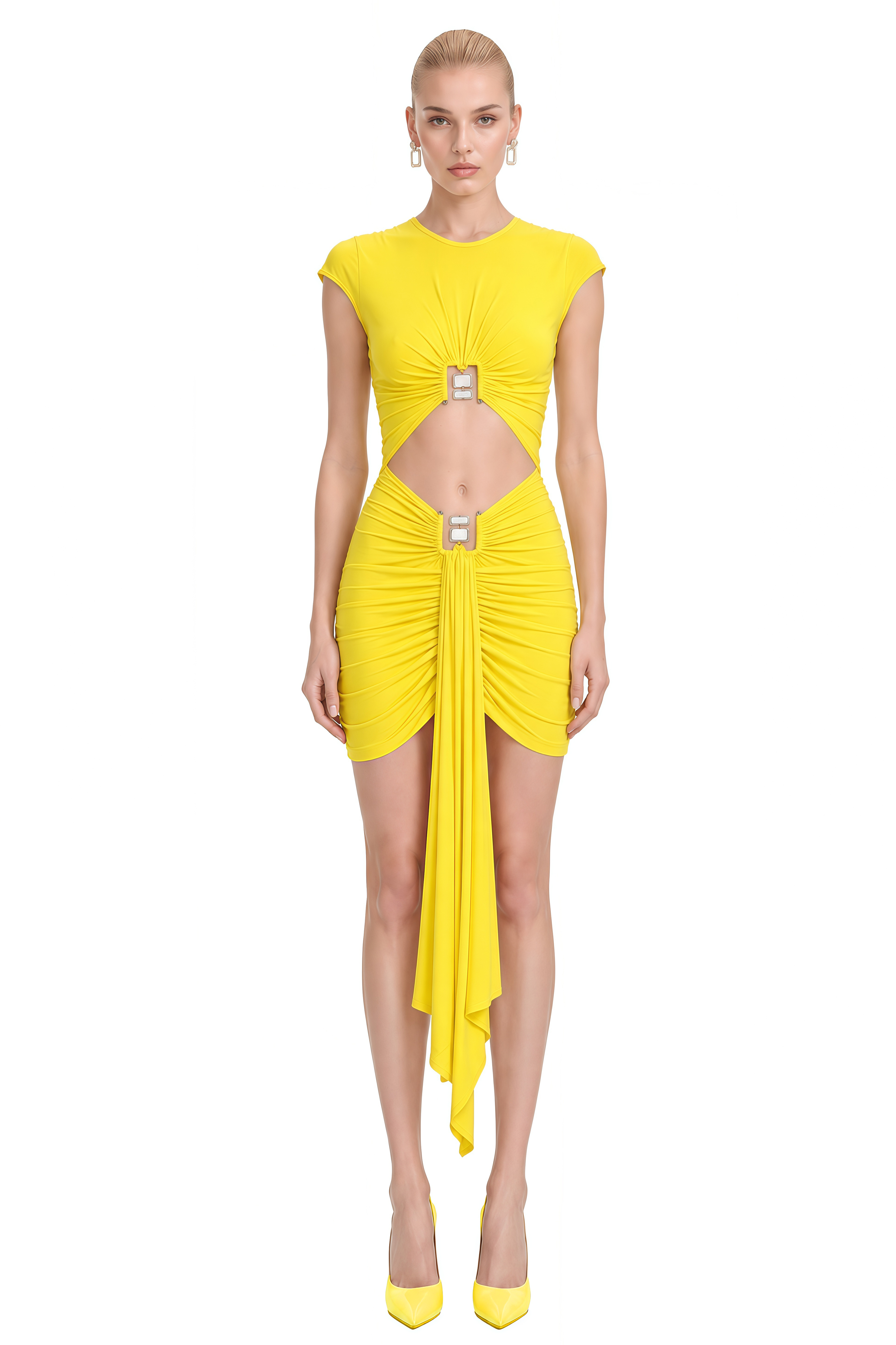 Sylvia Yellow Round Neck Ruched Mini Dress