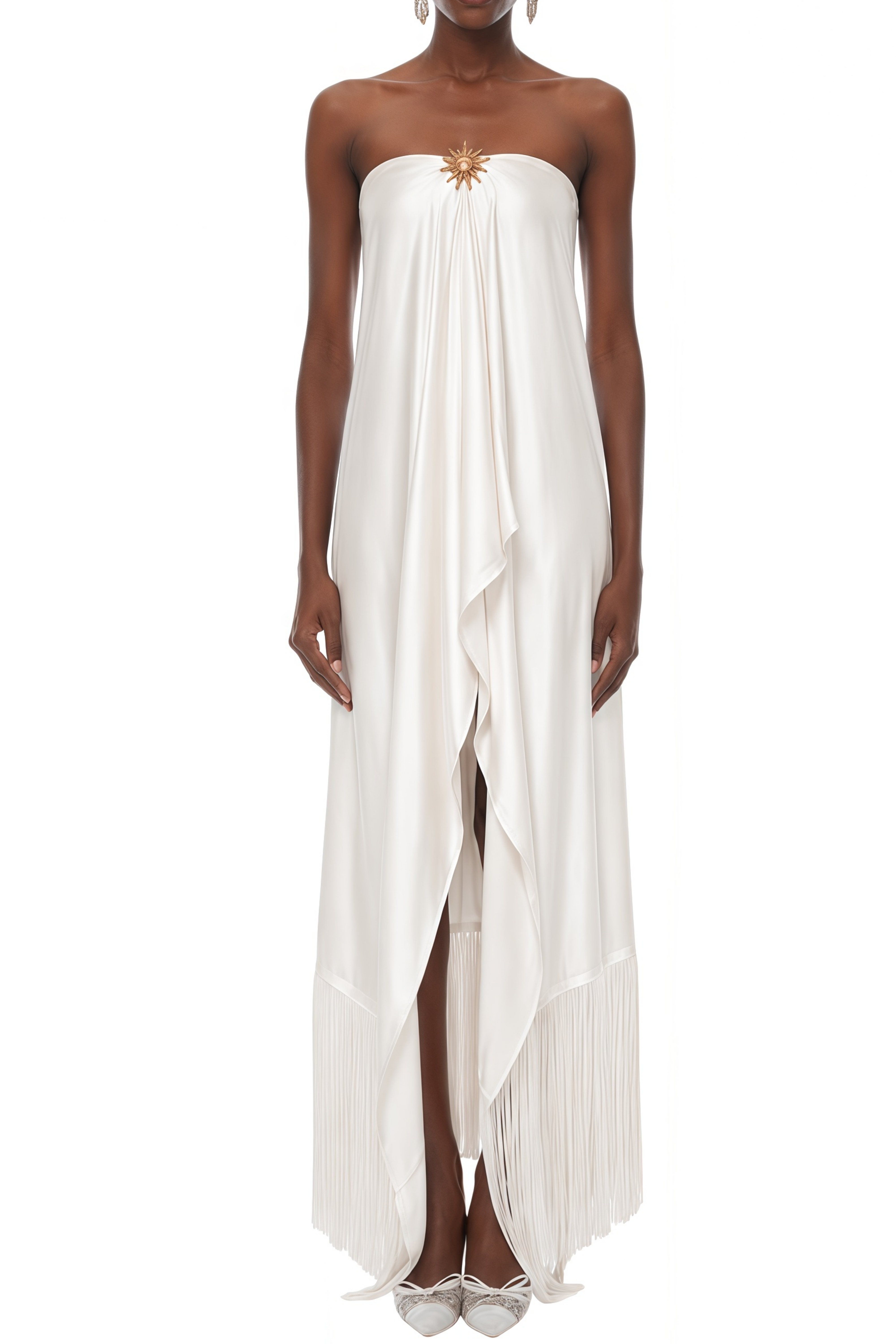 Portia White Off Shoulder Fringed Maxi Dress