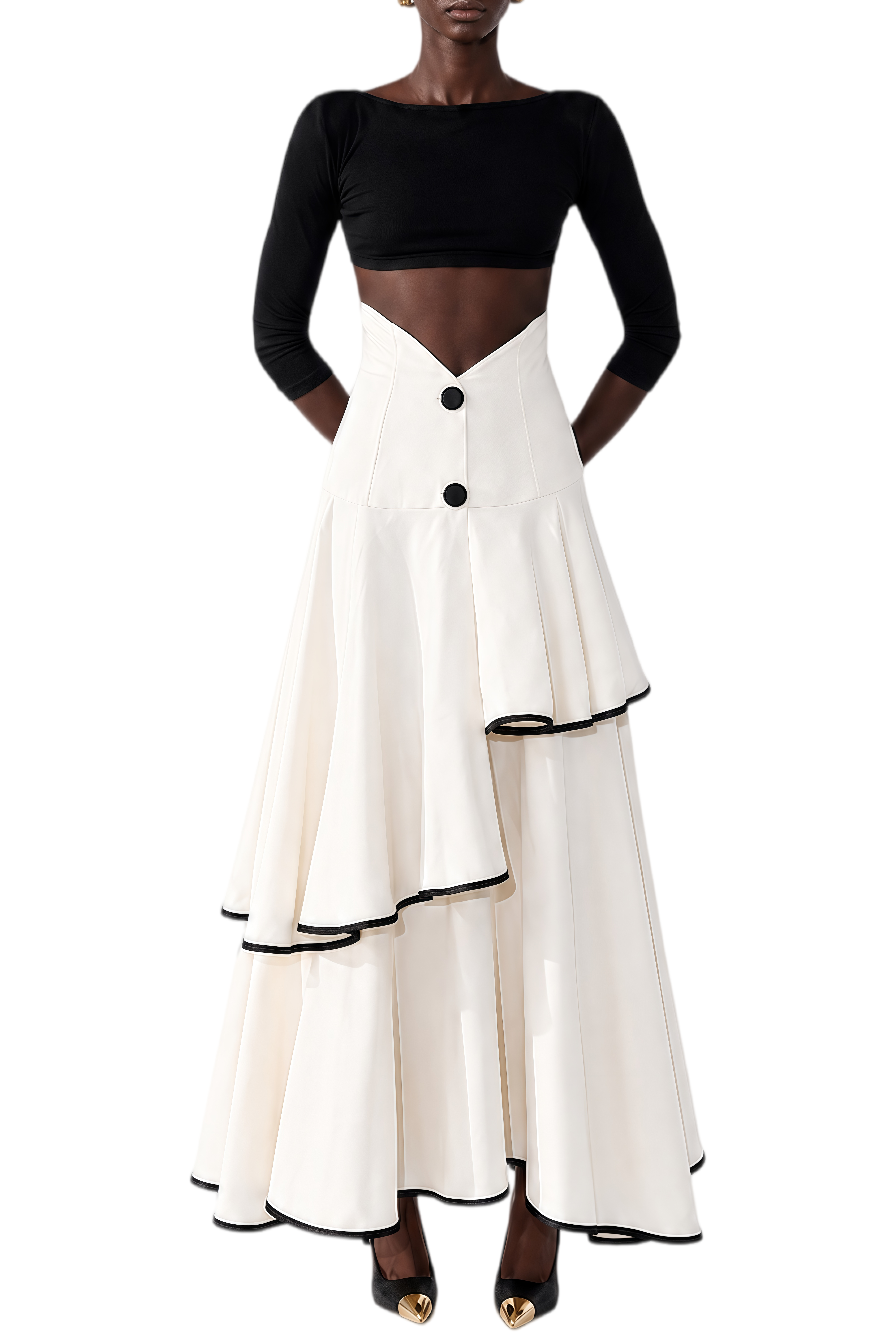 Emmeline White Round Neck Ruffled Top & Skirt Set