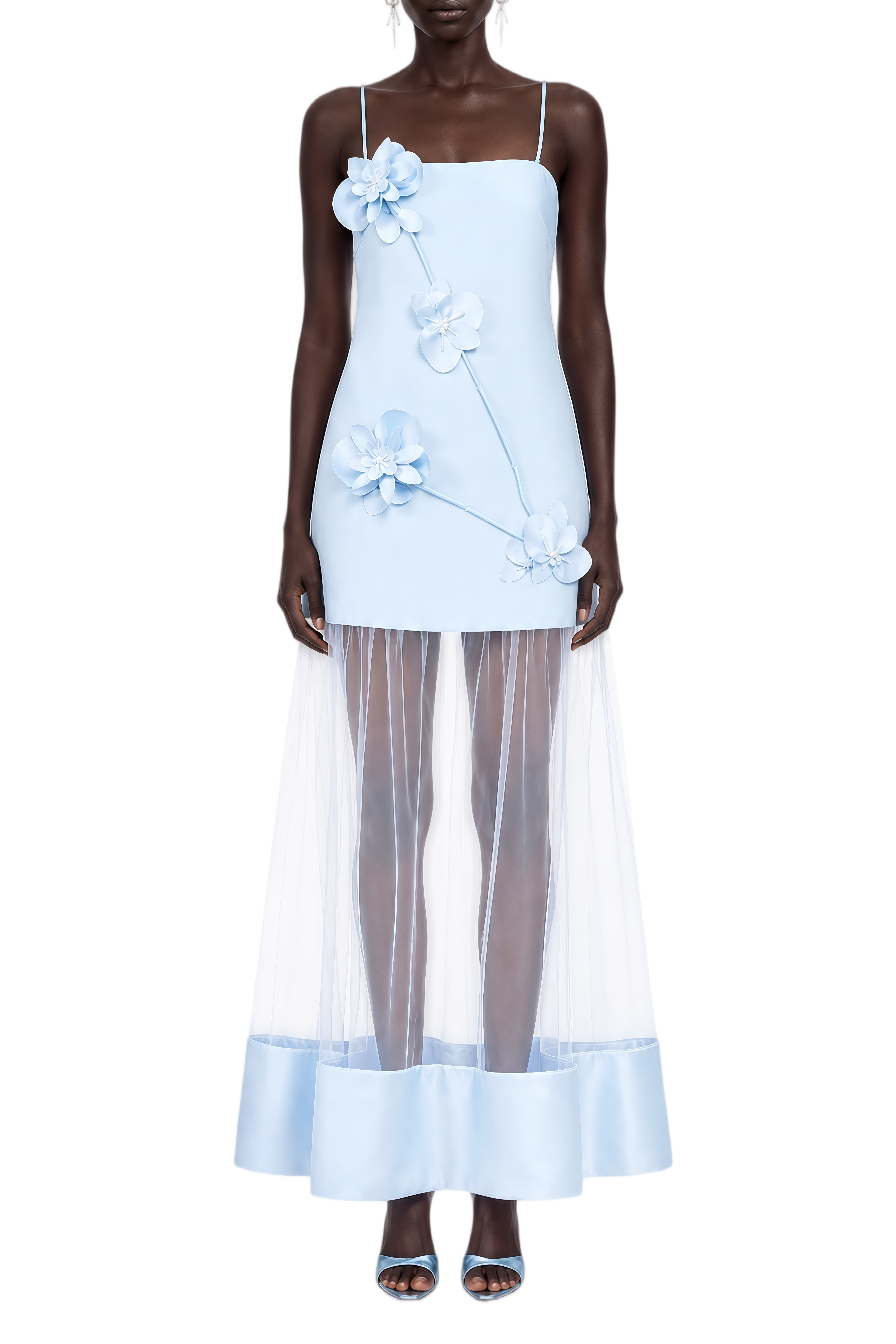 Theodora Blue 3D Floral Appliqué Asymmetrical Maxi Dress
