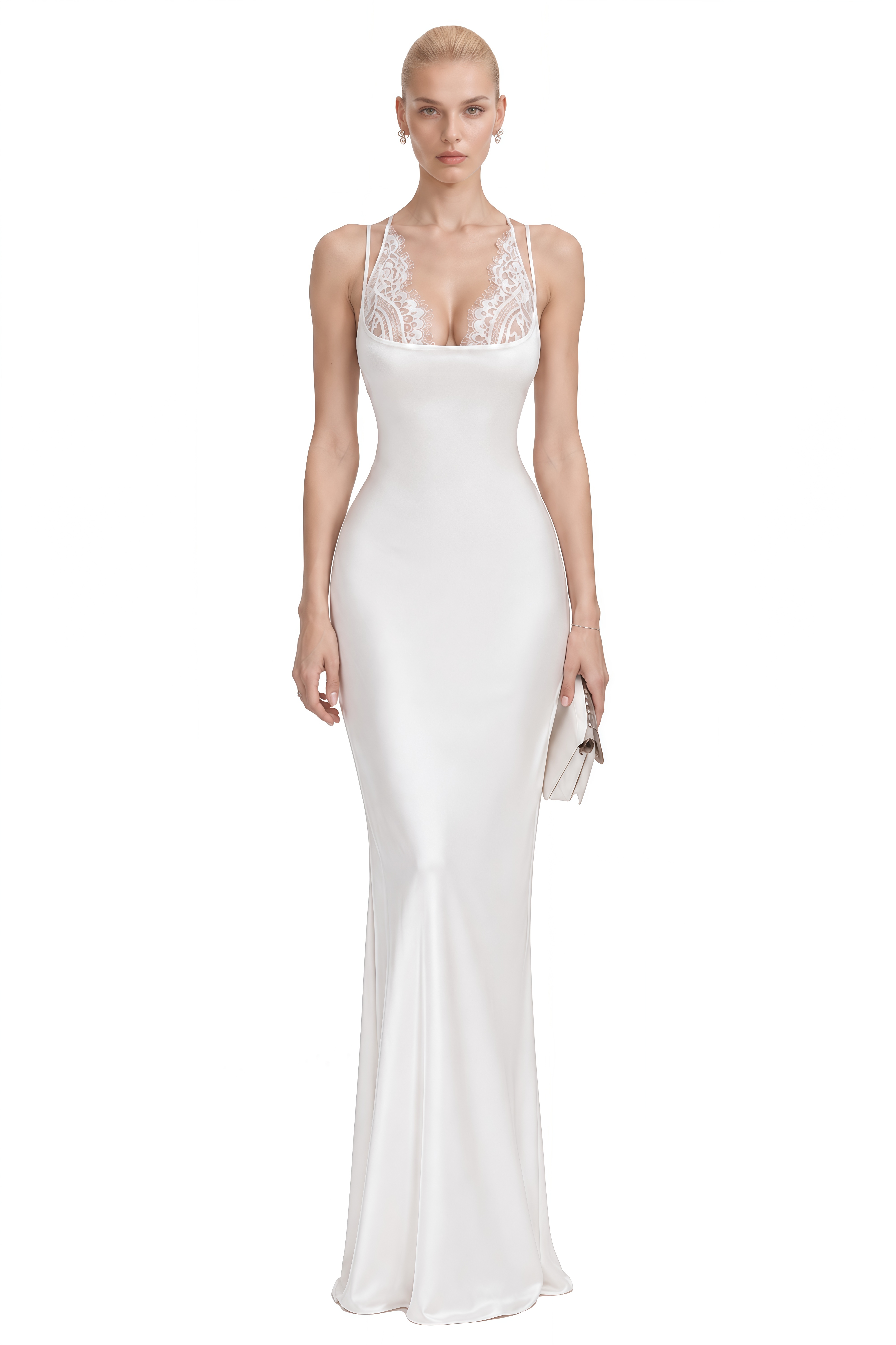 Noelle White Halterneck Lace-Neck Maxi Dress