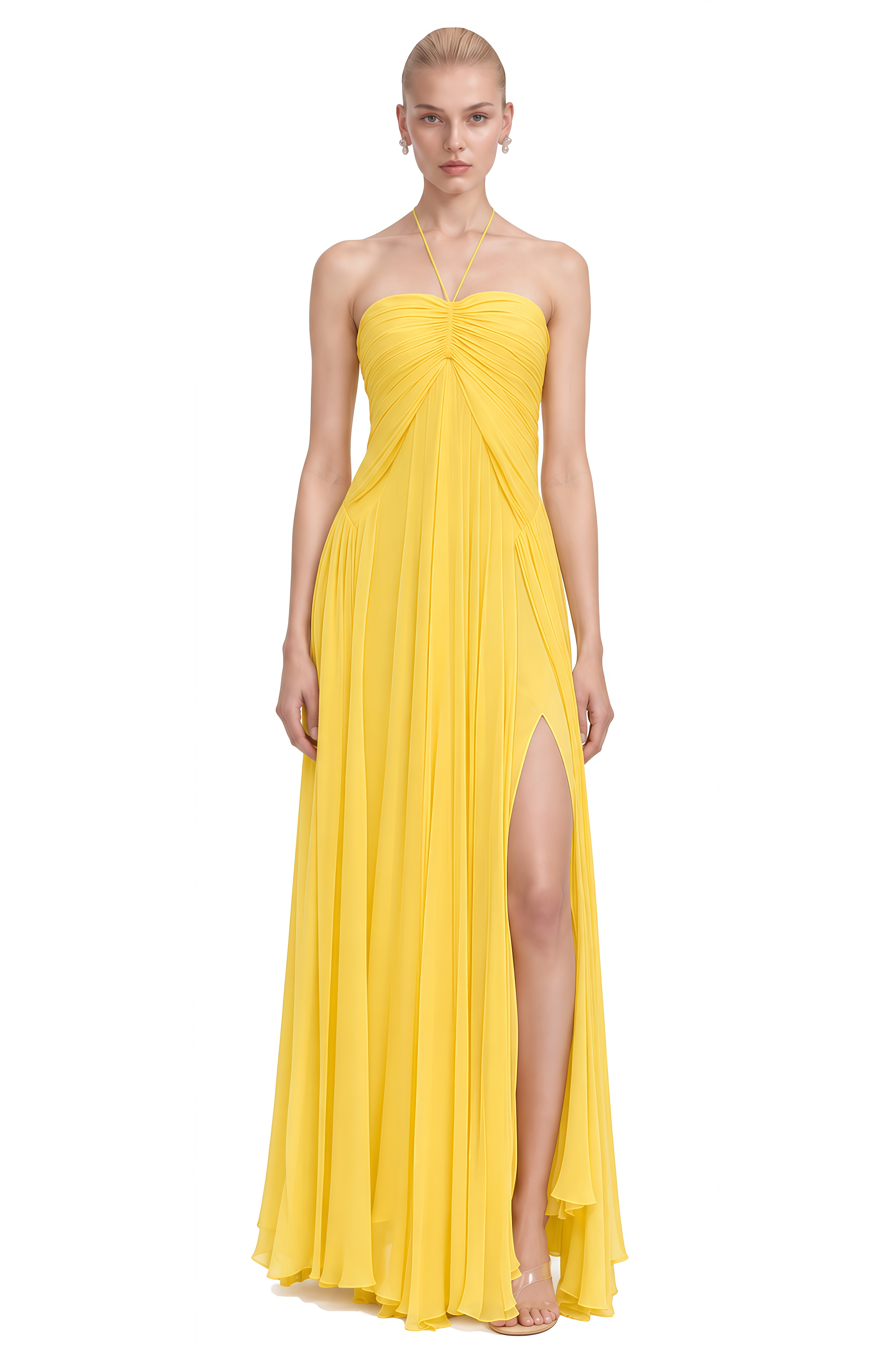 Felicity Yellow Halterneck Ruched Maxi Dress