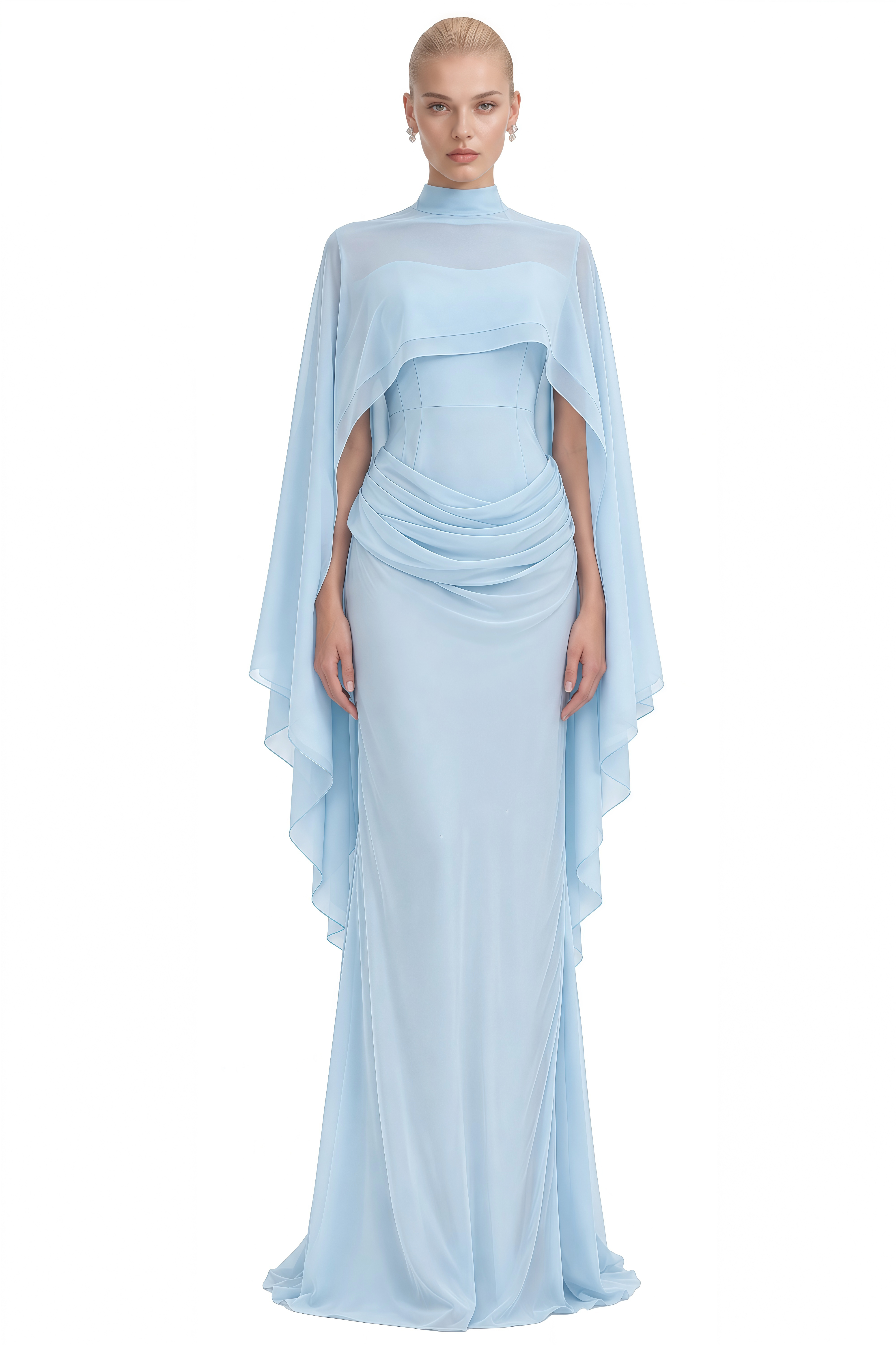 Althea Light Blue Turtleneck Cape Maxi Dress