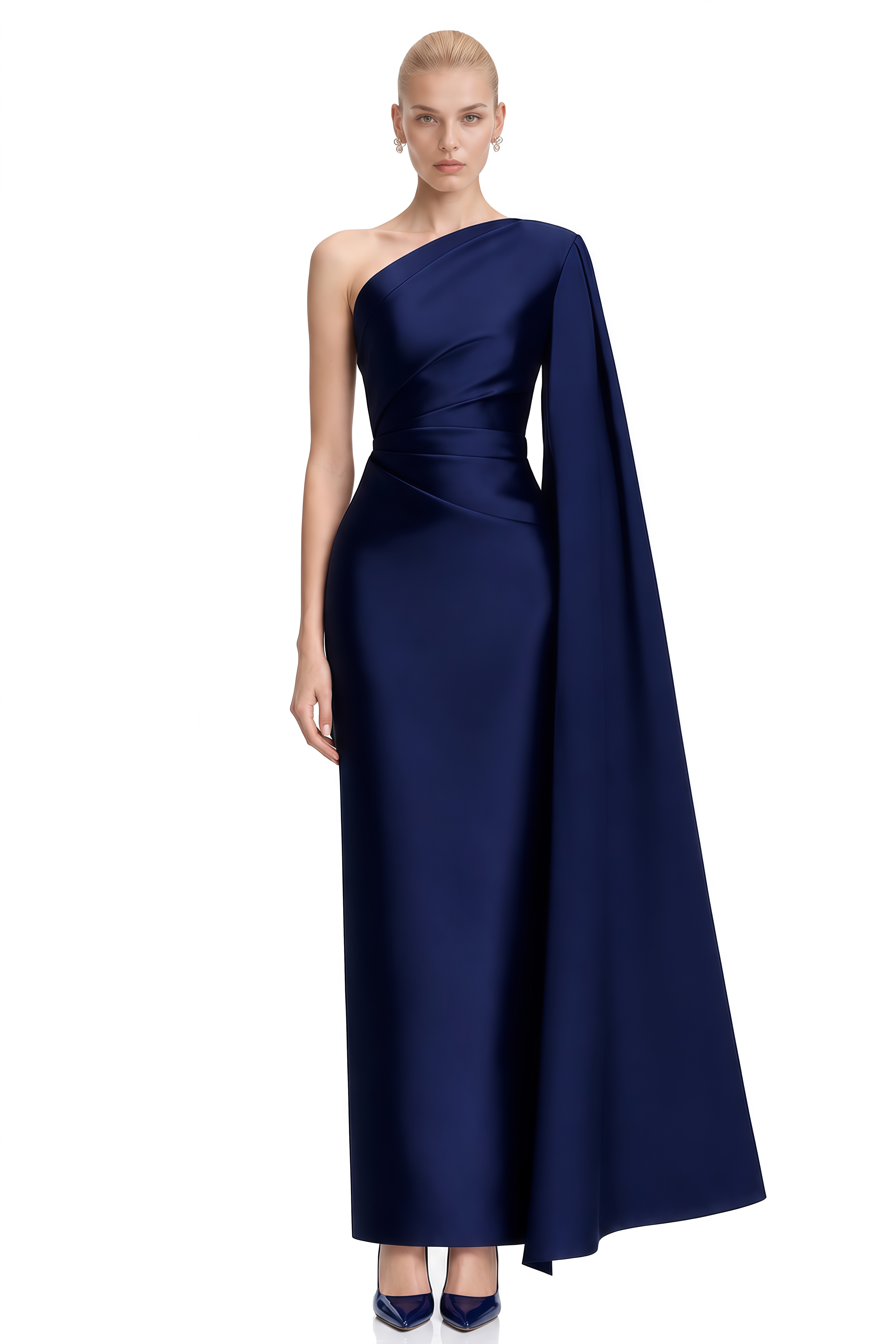 Nora Navy One-Shoulder Draped Maxi Dress