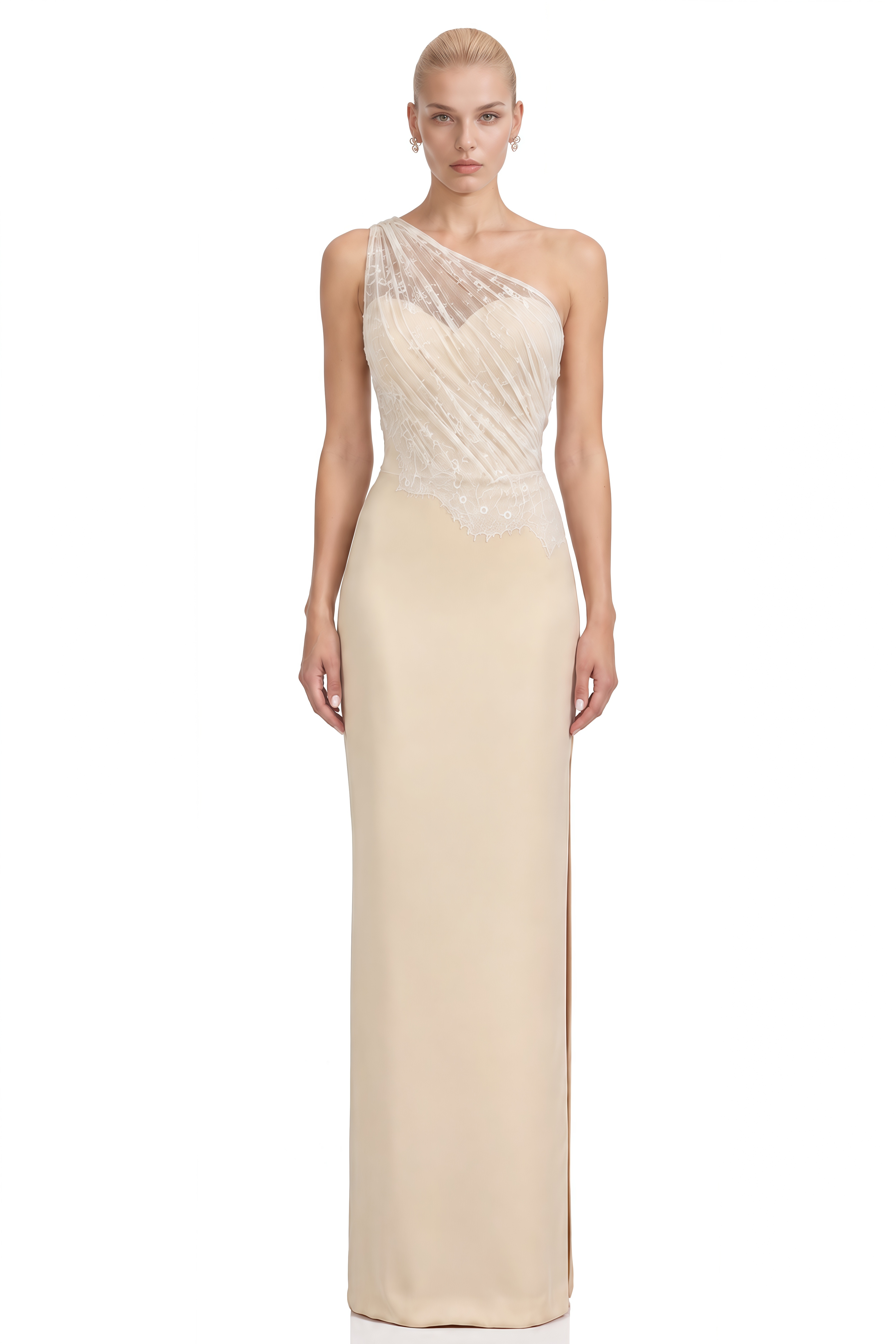 Stella Neutral One-Shoulder Lace Maxi Dress