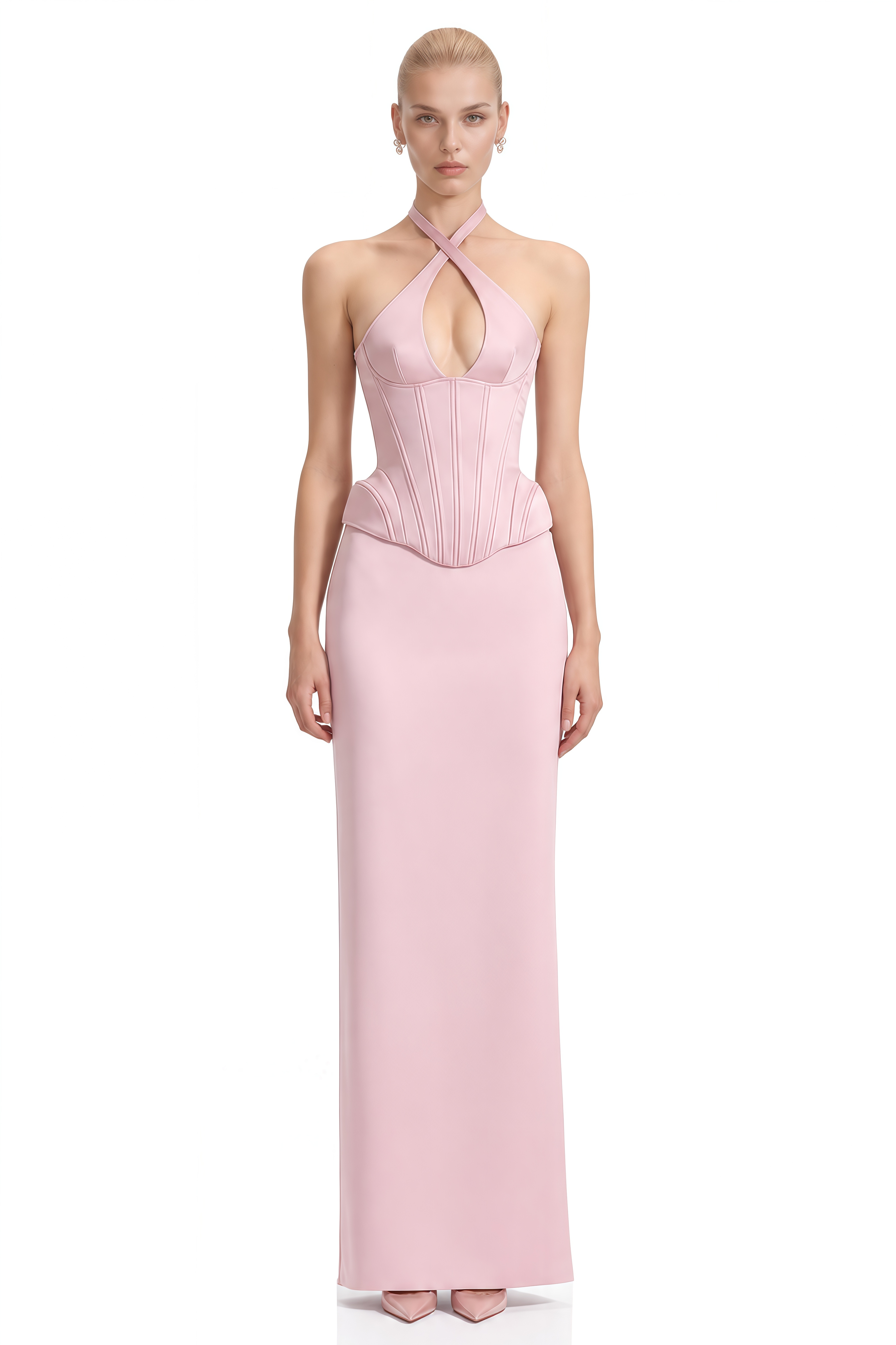 Thea Light Pink Halterneck Slit Top & Skirt Set