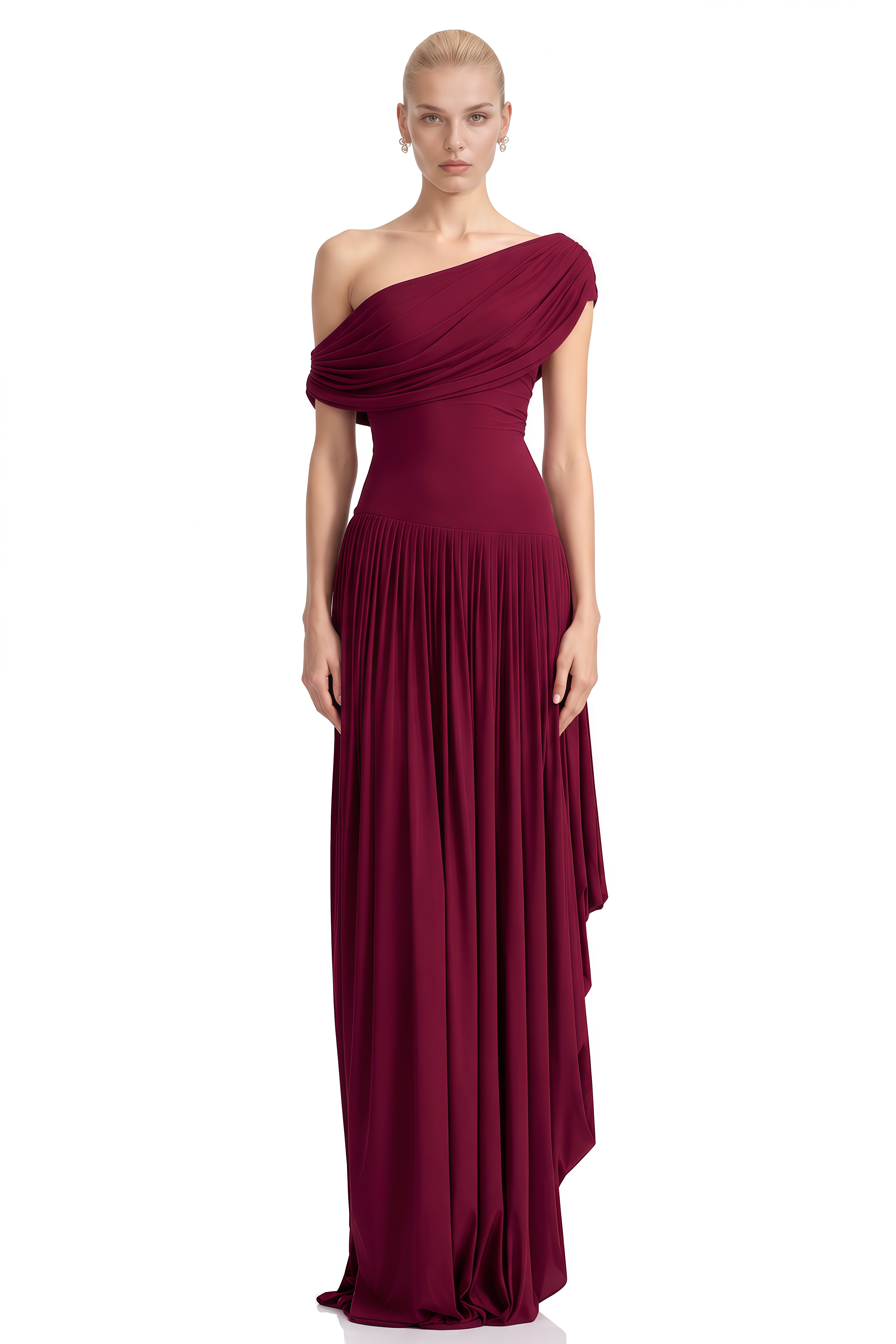 Rosie Burgundy Asymmetrical Pleated Maxi Dress
