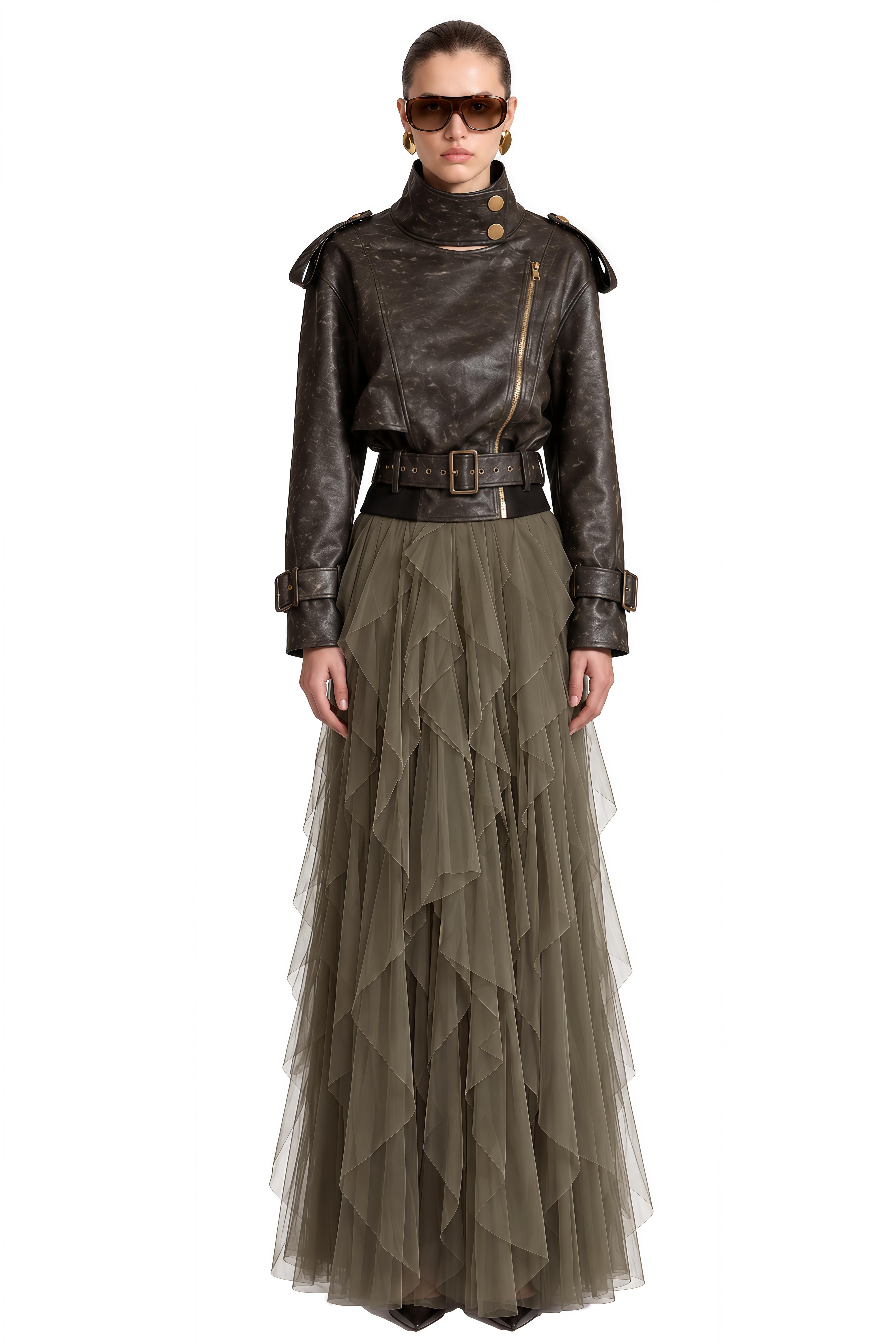 Theodora Olive Green Structured Ruffled Jacket & Skirt Set