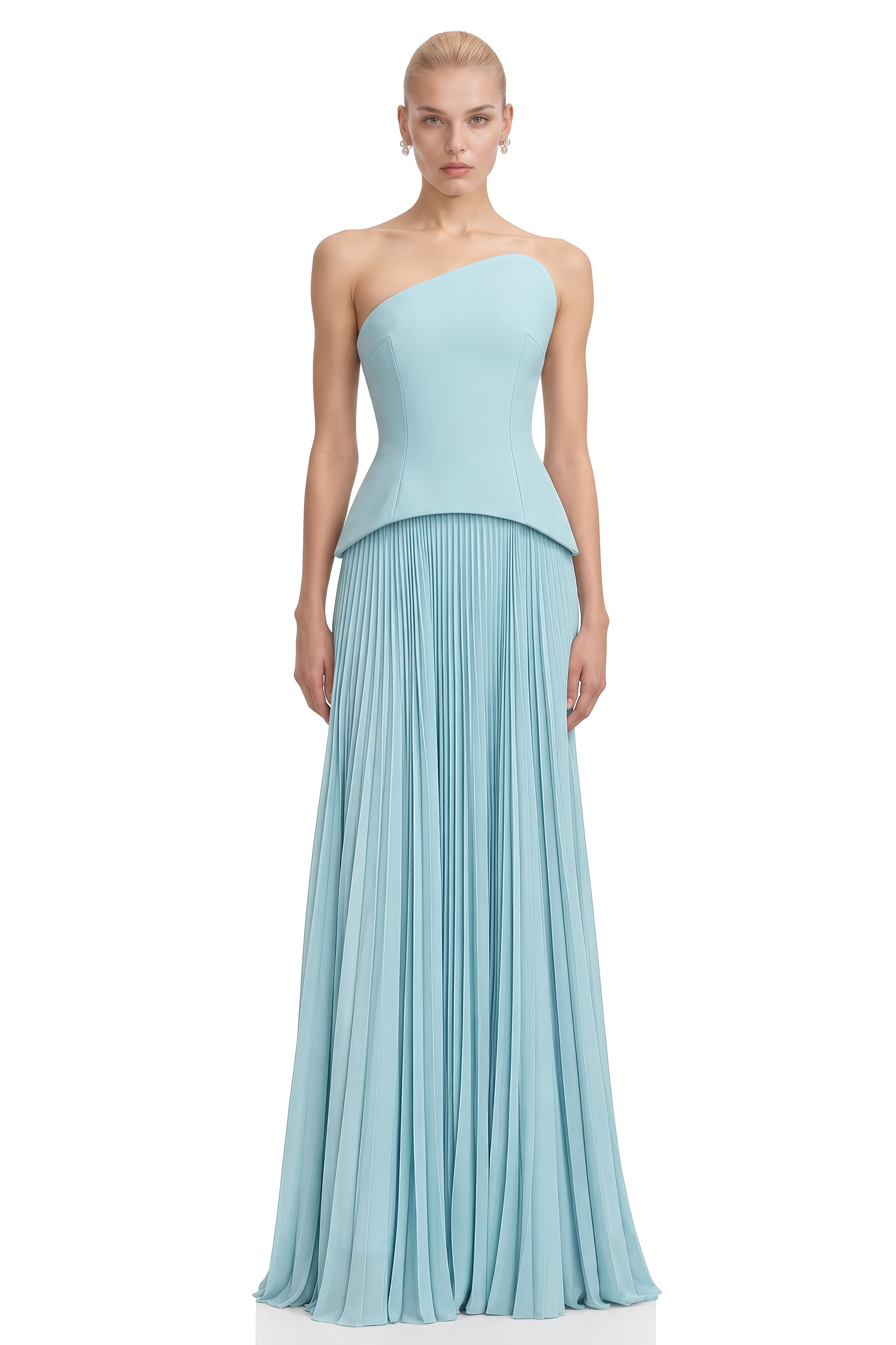 Elowen Arctic Blue Asymmetrical Pleated Top & Skirt Set