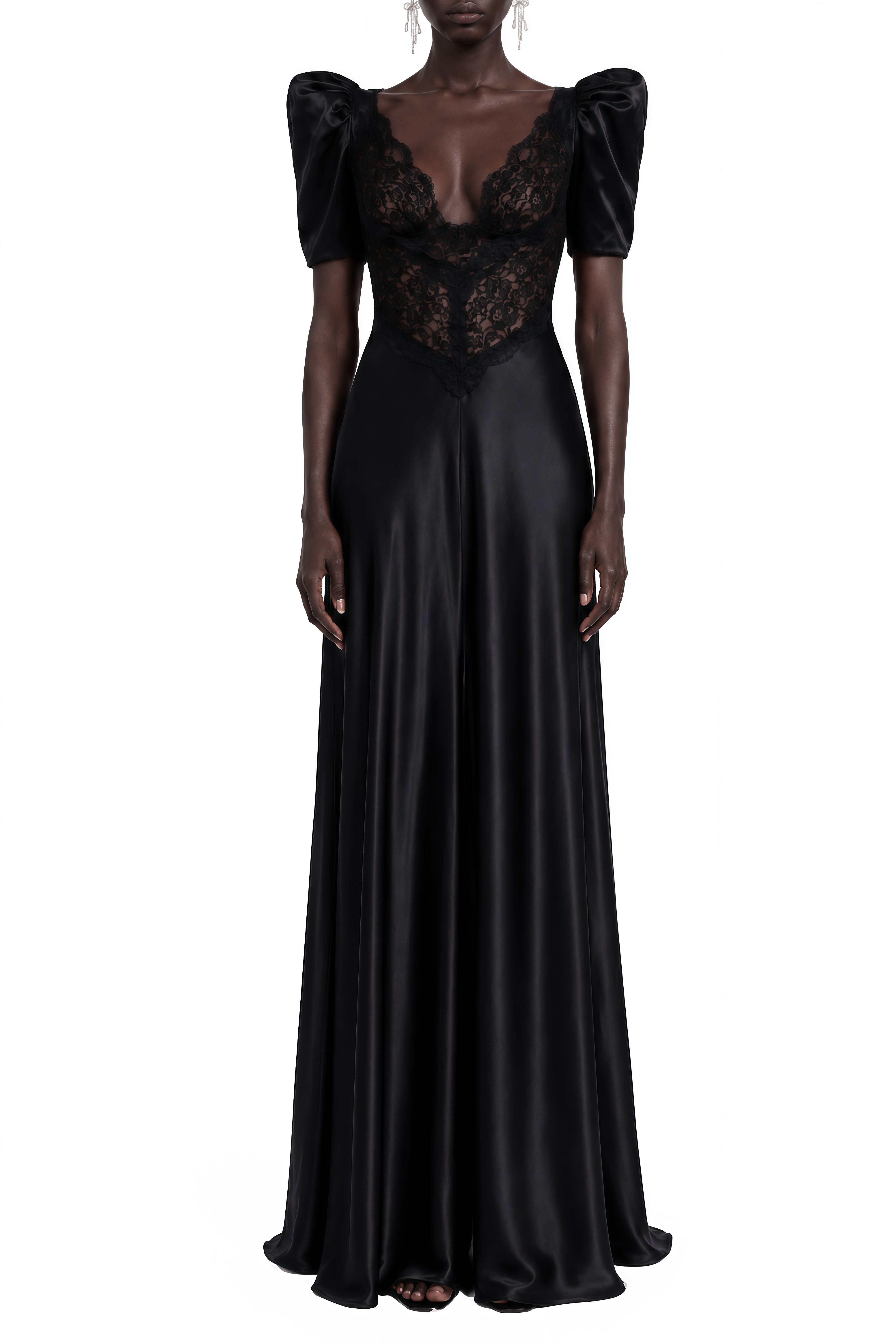 Aurora Black Lace Draped Maxi Dress