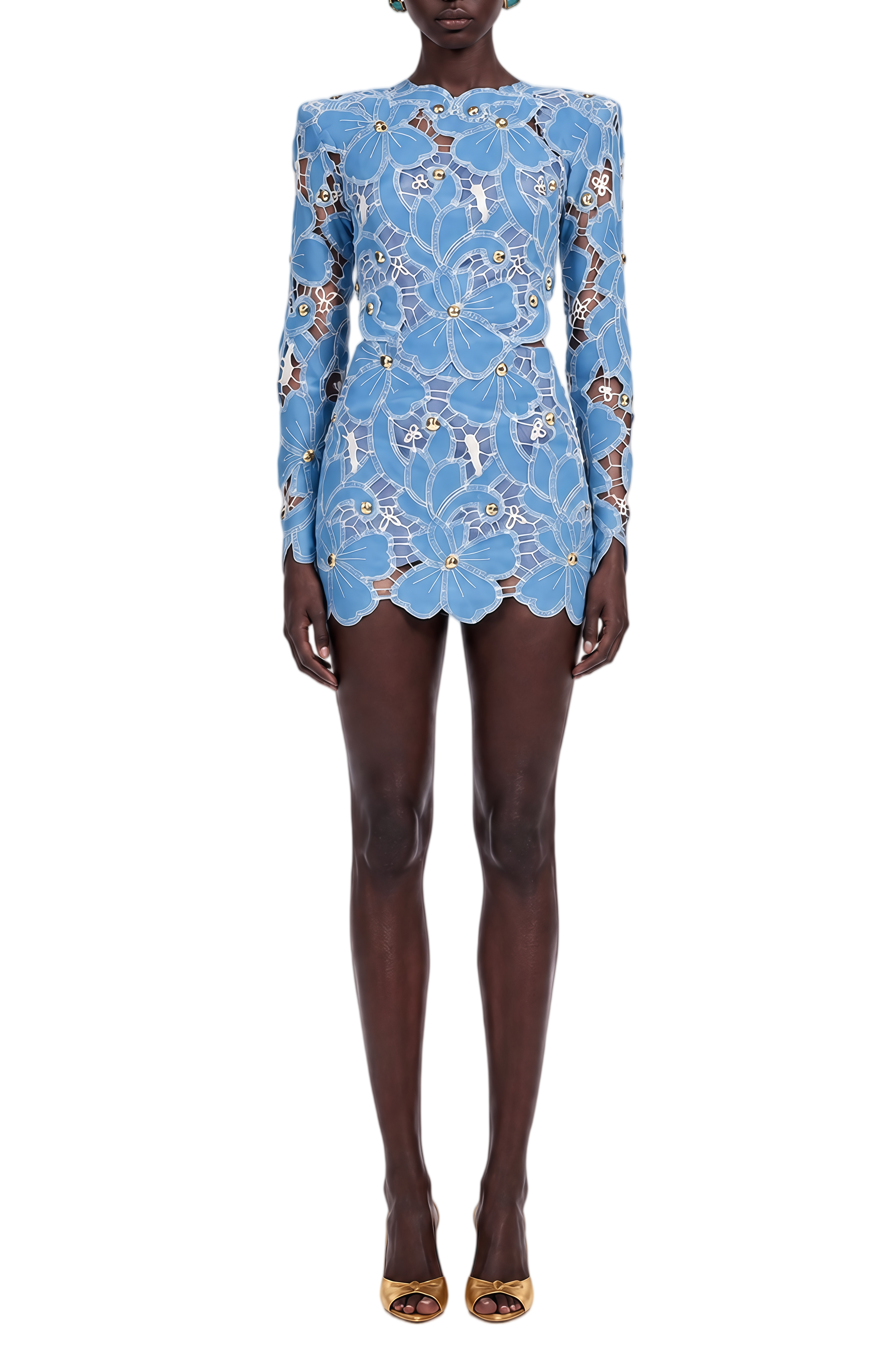 Alexandra Blue Long Sleeves Floral Lace Mini Dress