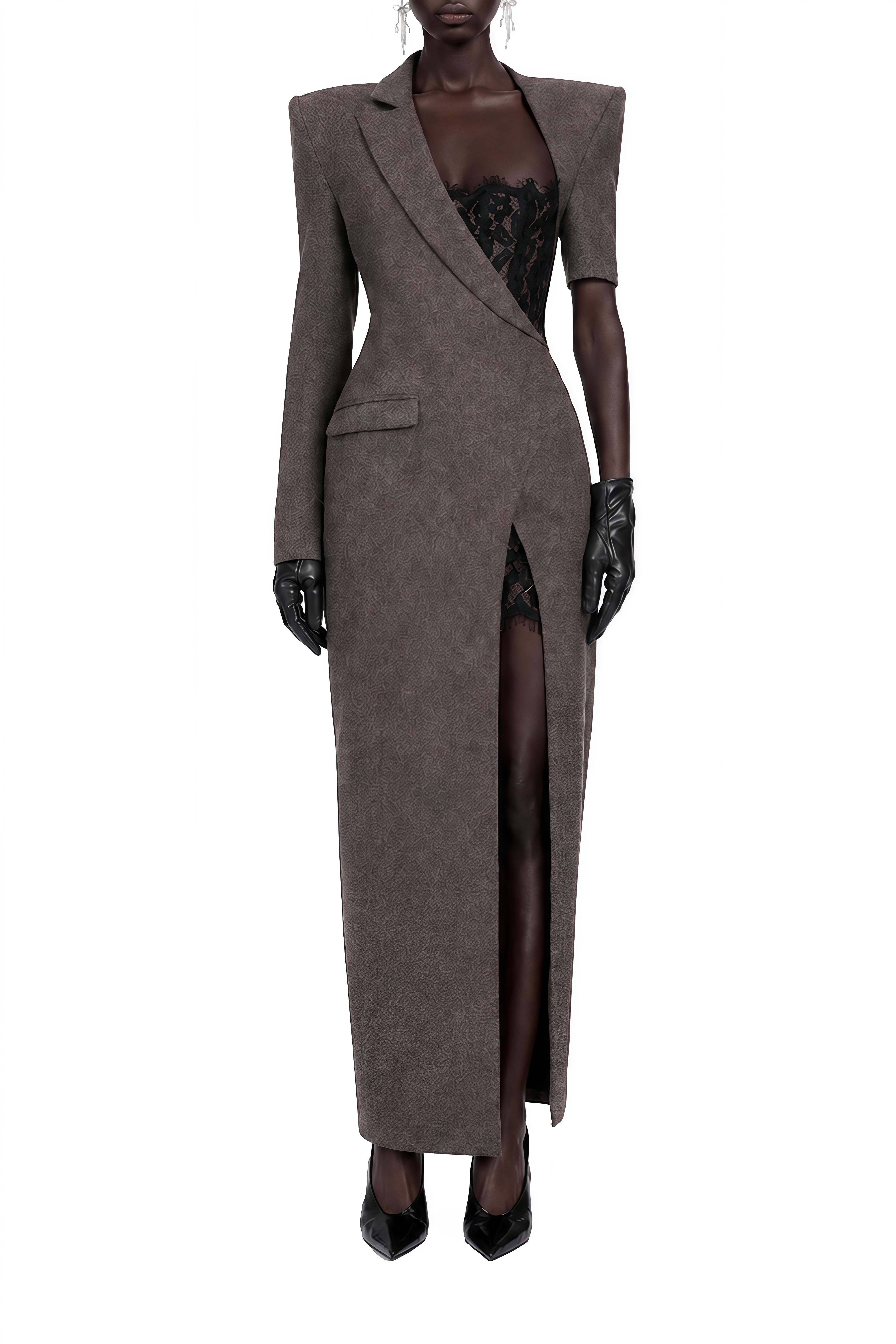 Felicity Dark Grey Lace Asymmetrical Maxi Dress