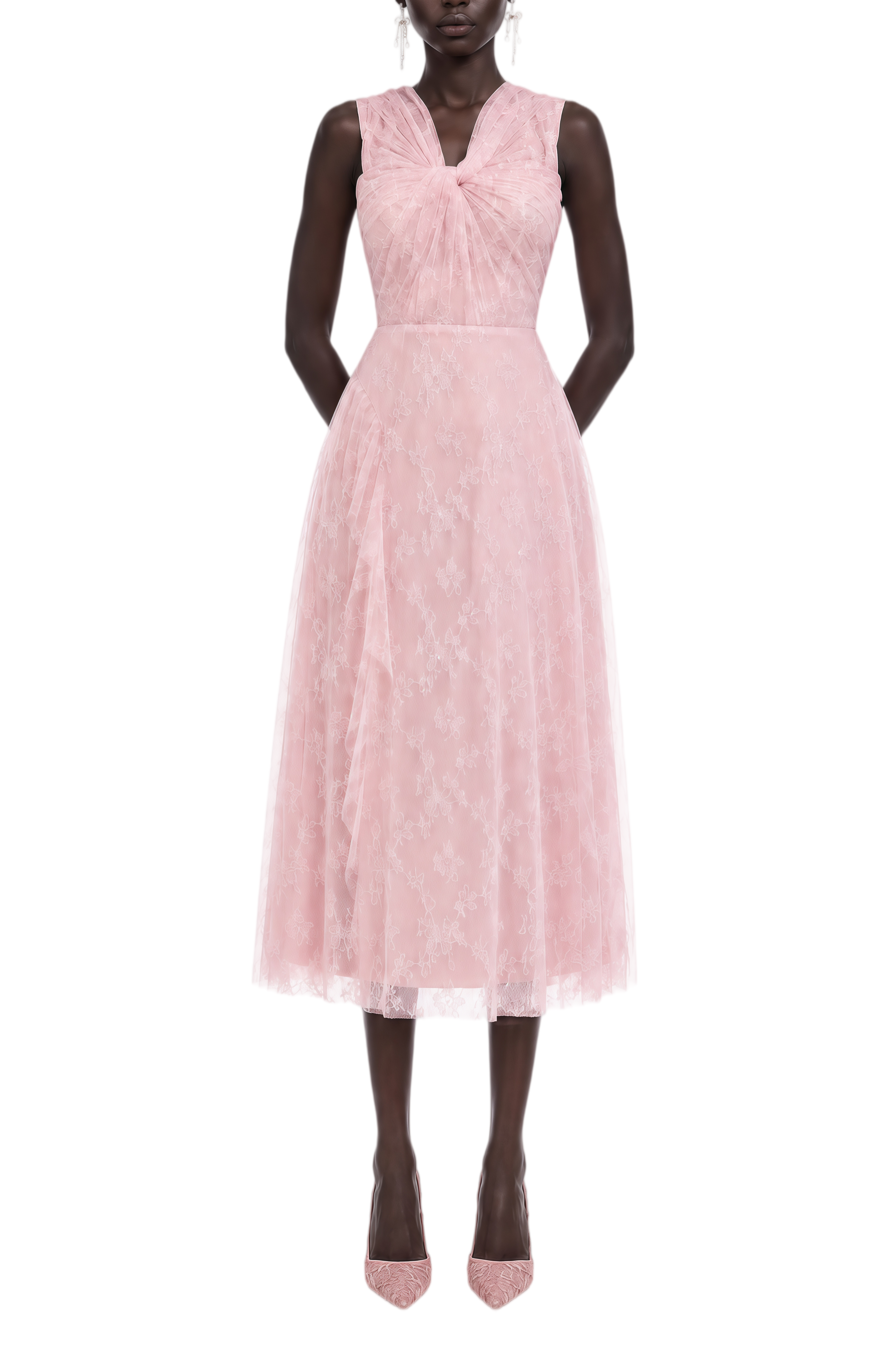 Victoria Pink Ruched Lace Midi Dress