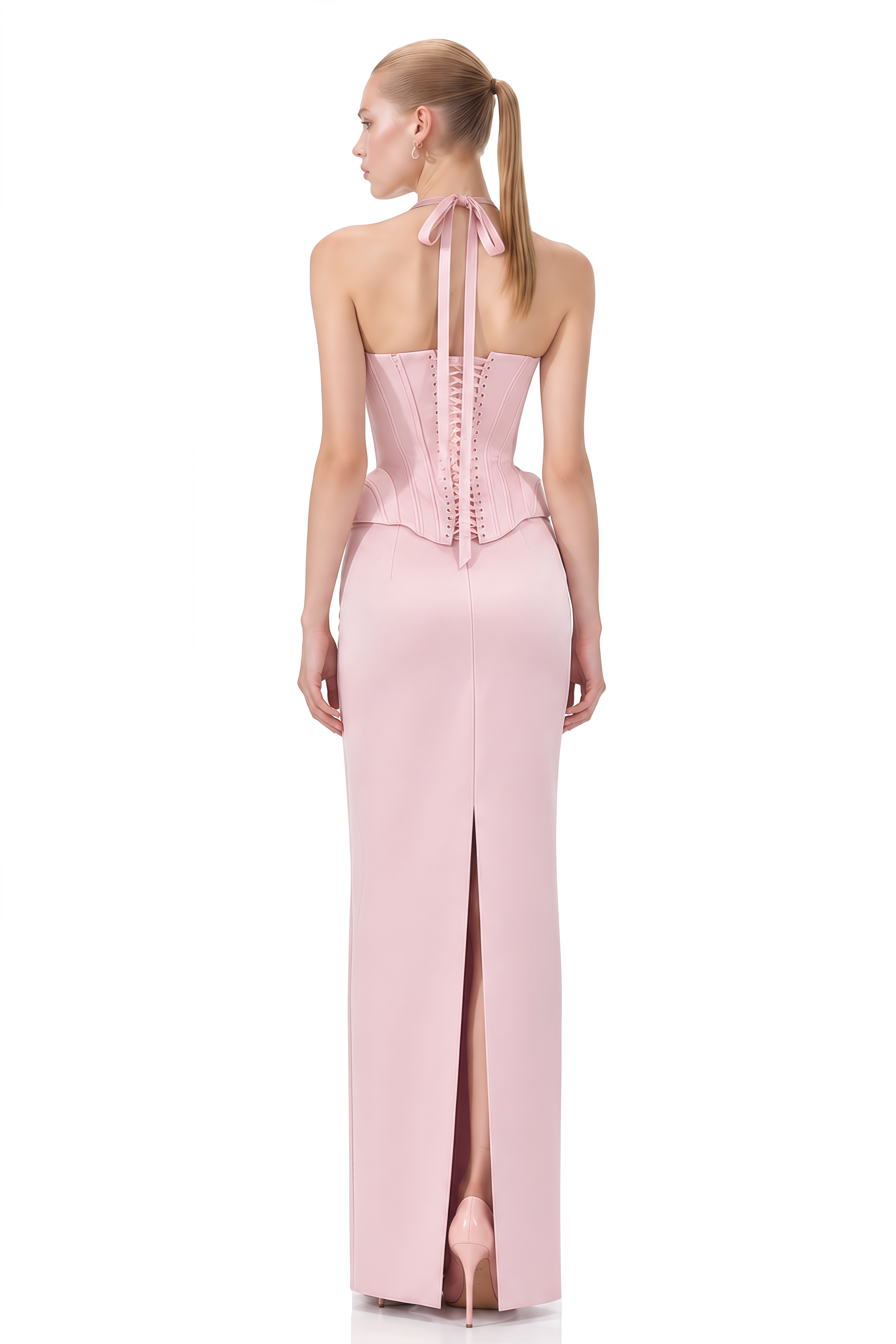 Thea Light Pink Halterneck Slit Top & Skirt Set