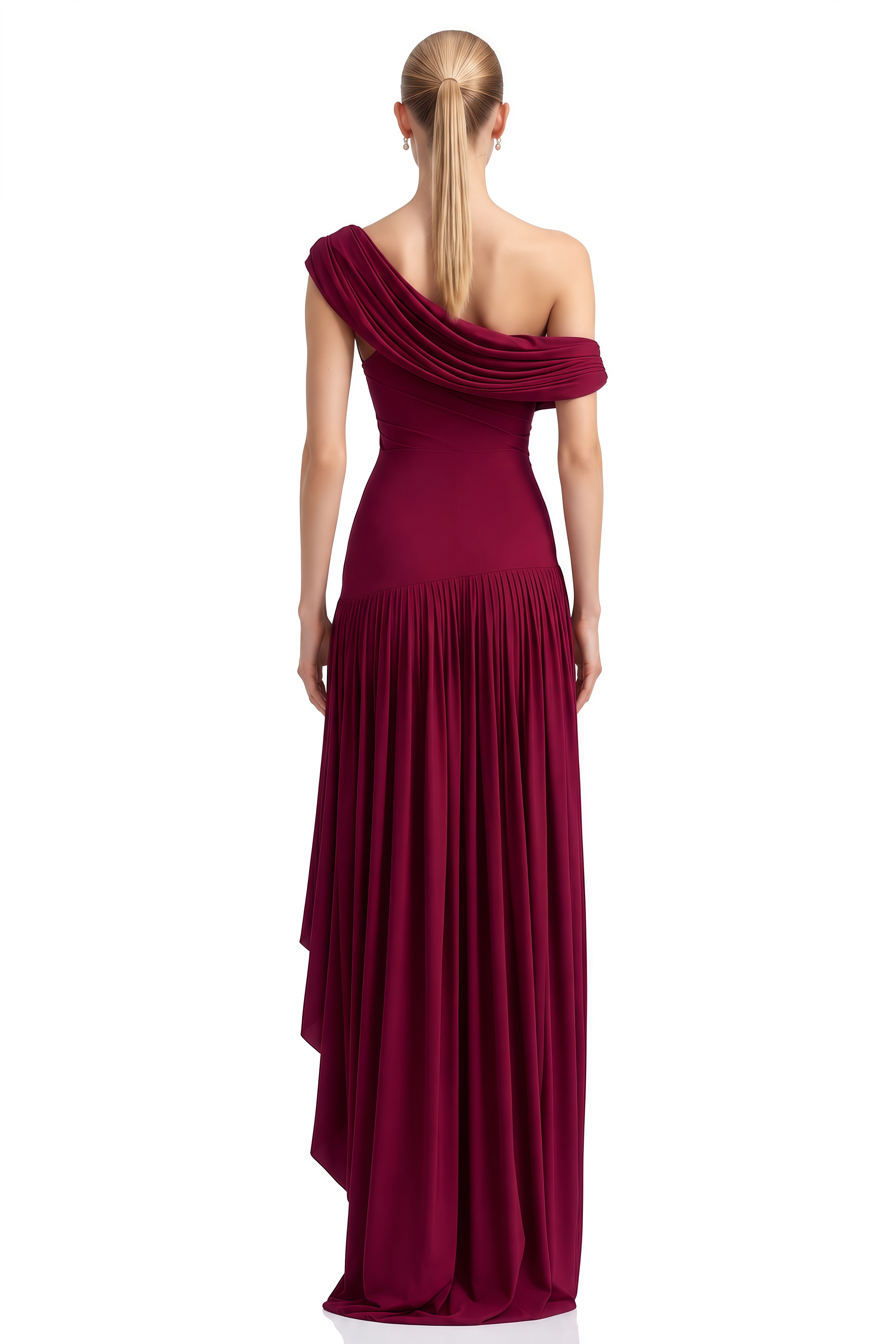 Rosie Burgundy Asymmetrical Pleated Maxi Dress