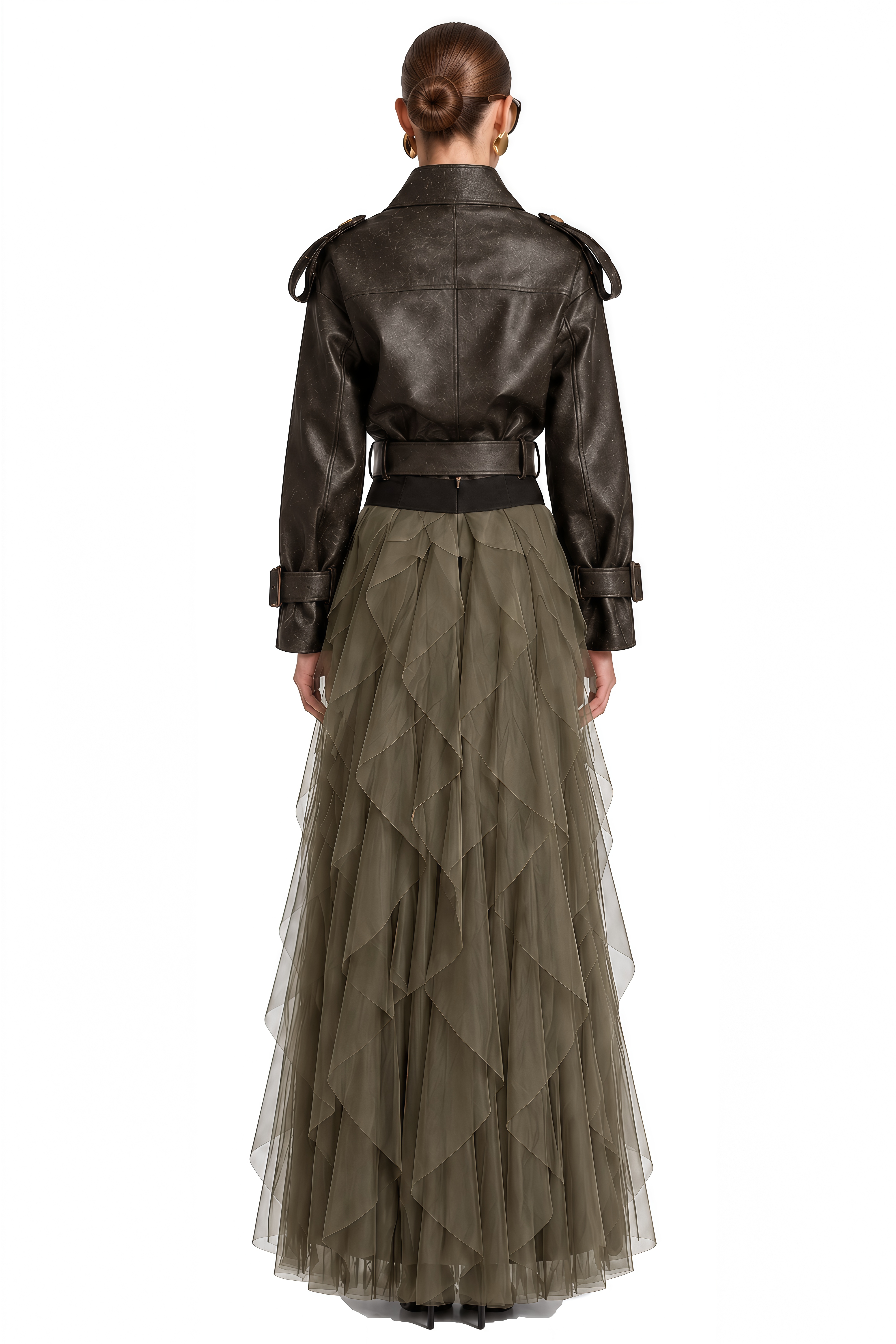Theodora Olive Green Structured Ruffled Jacket & Skirt Set