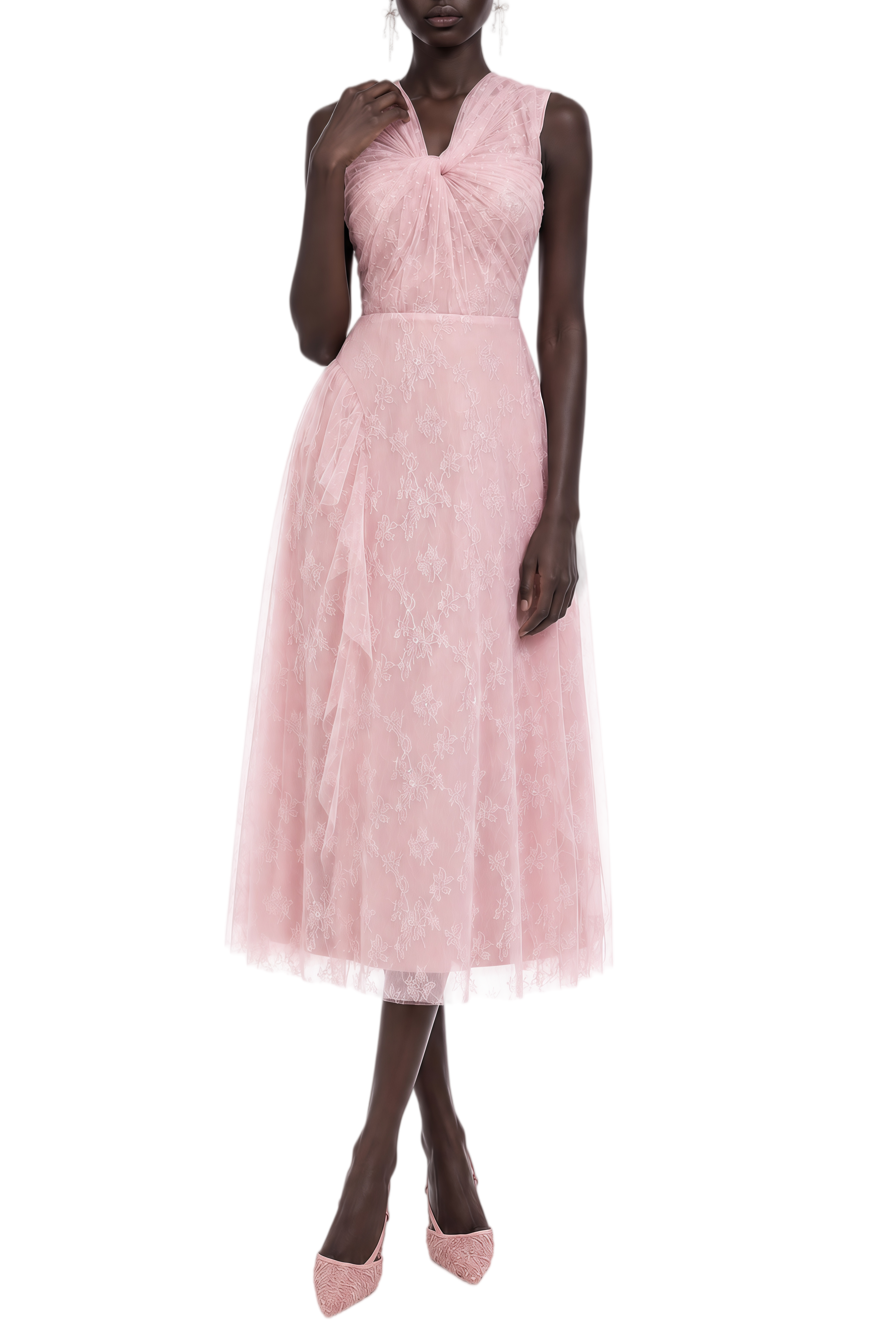 Victoria Pink Ruched Lace Midi Dress