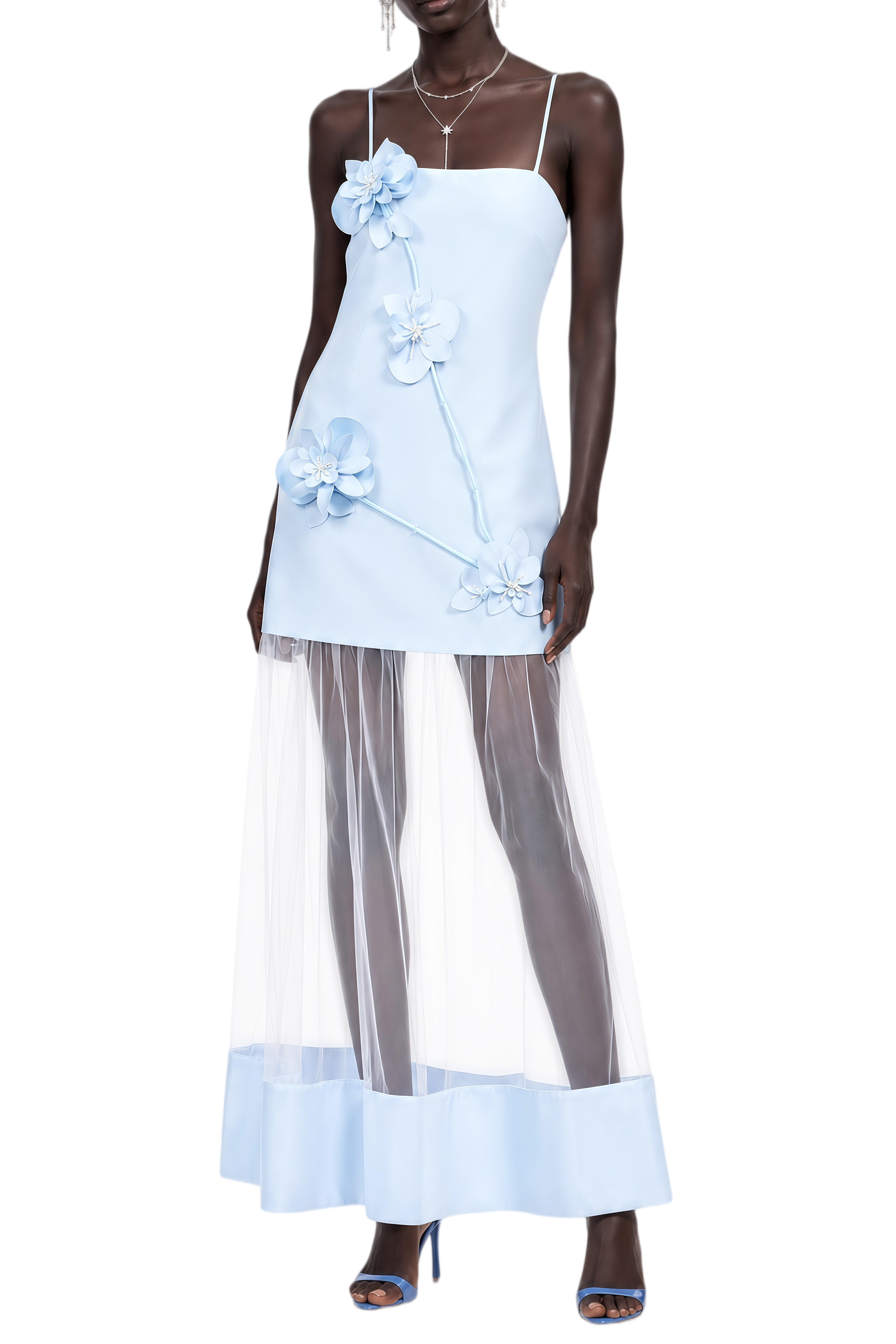 Theodora Blue 3D Floral Appliqué Asymmetrical Maxi Dress