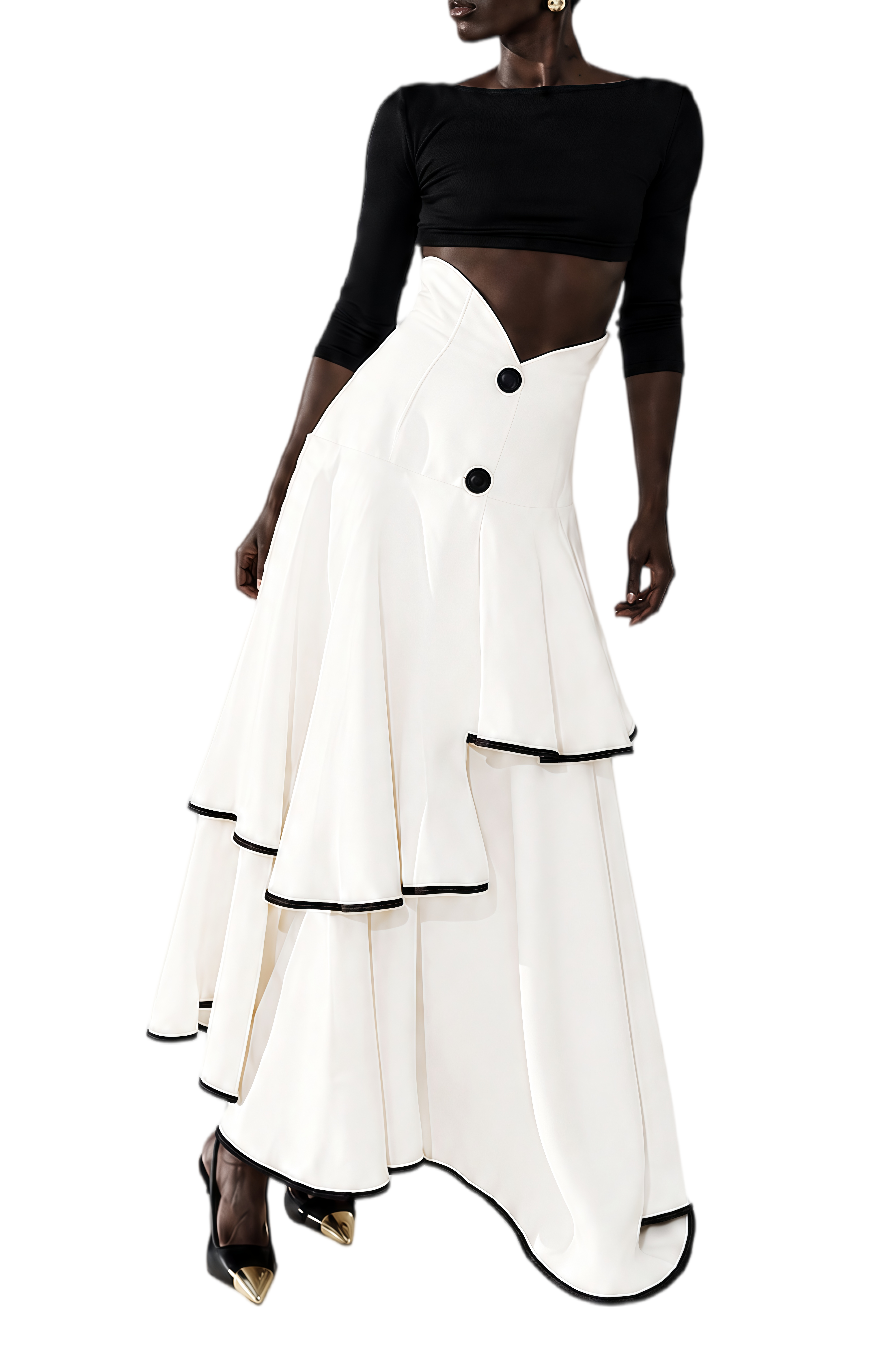 Emmeline White Round Neck Ruffled Top & Skirt Set