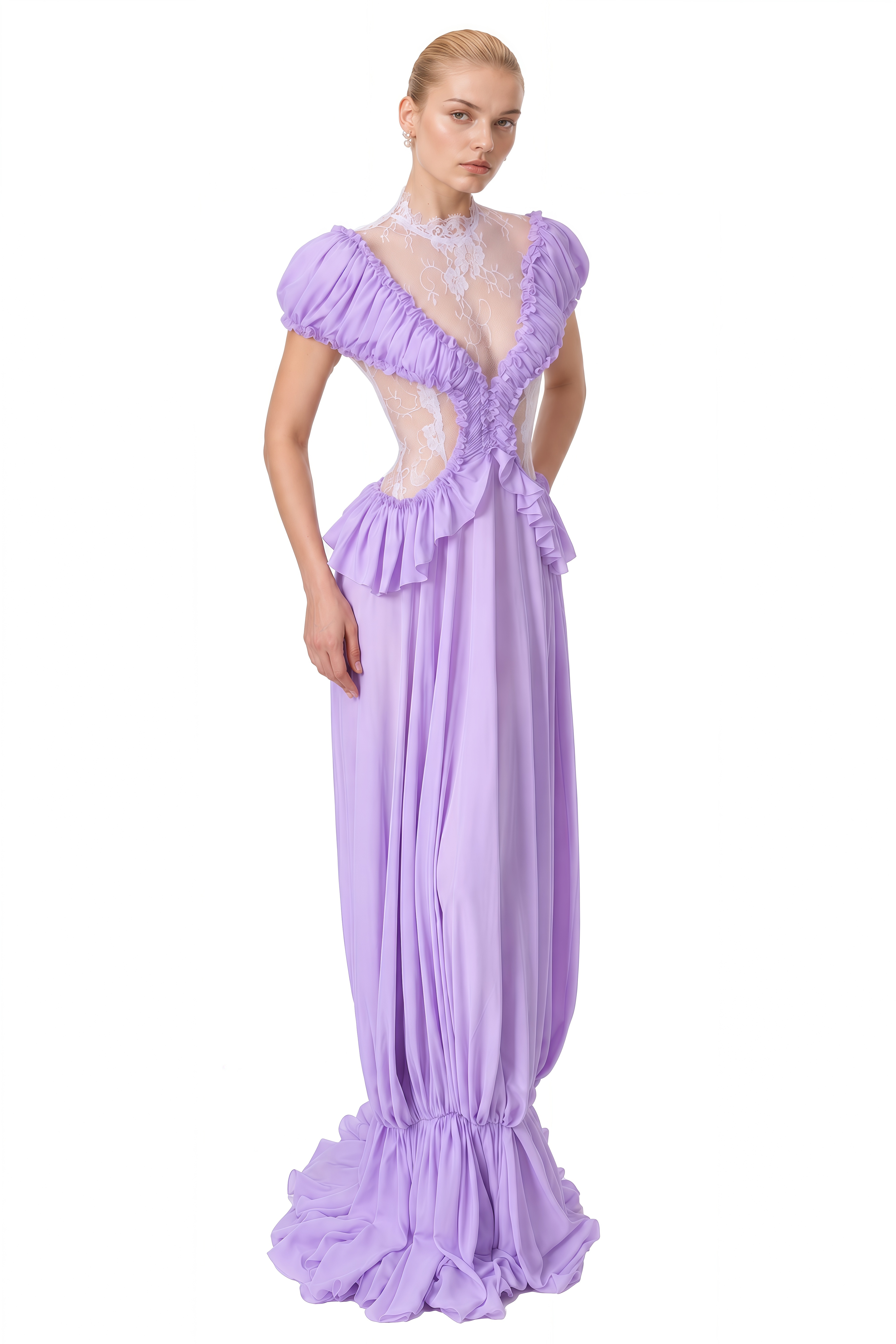 Grace Lavender Puff Sleeve Lace Maxi Dress