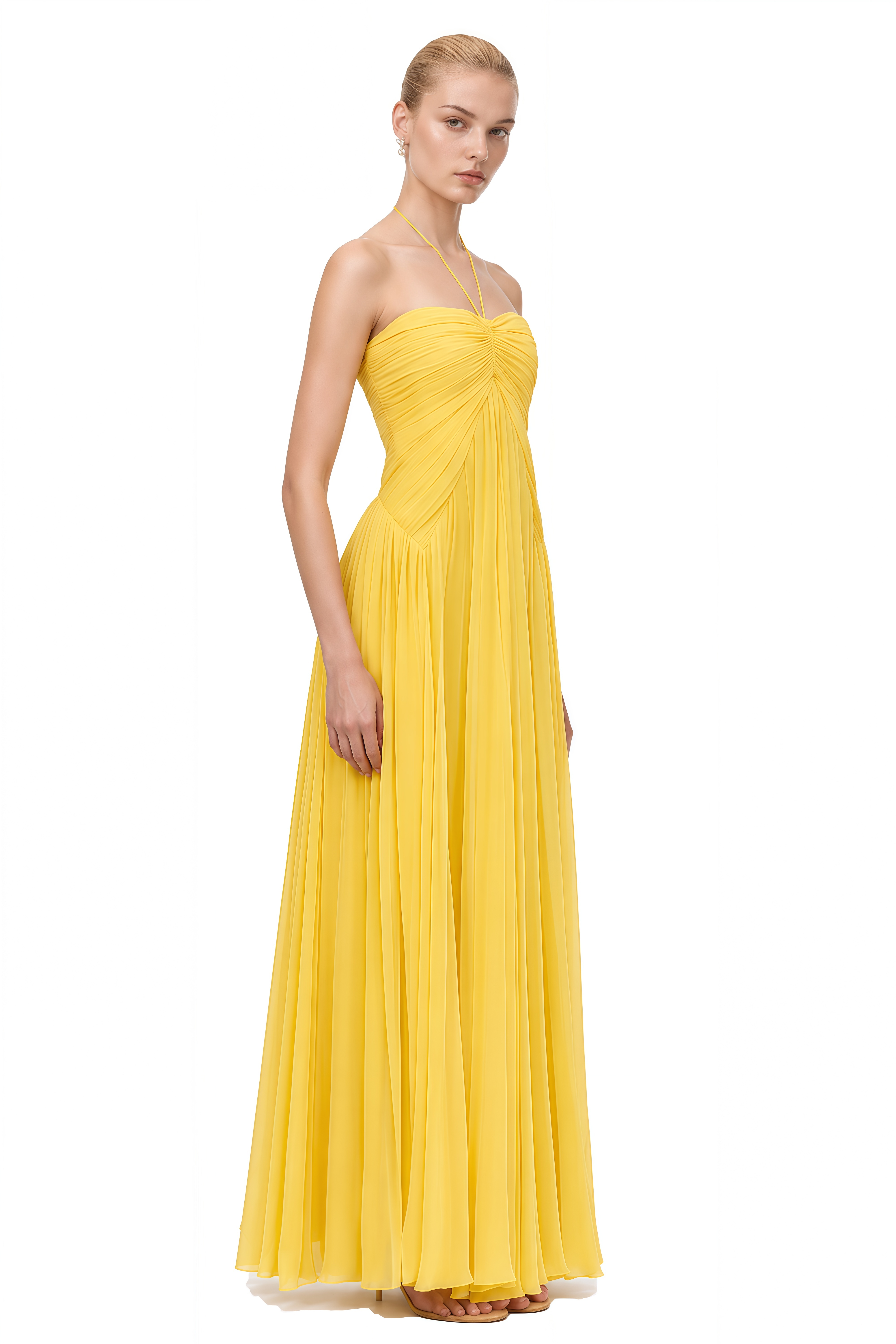 Felicity Yellow Halterneck Ruched Maxi Dress