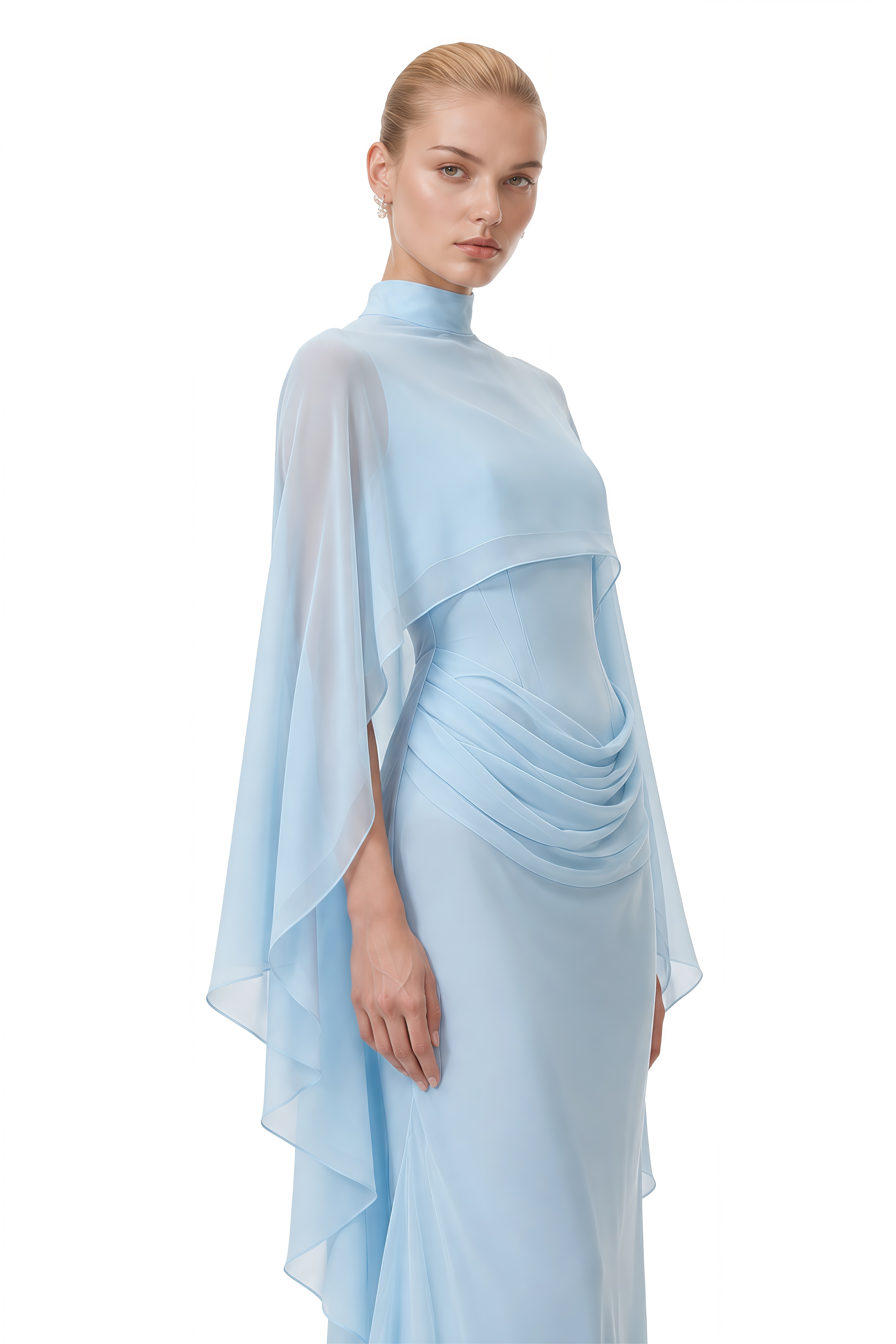Althea Light Blue Turtleneck Cape Maxi Dress