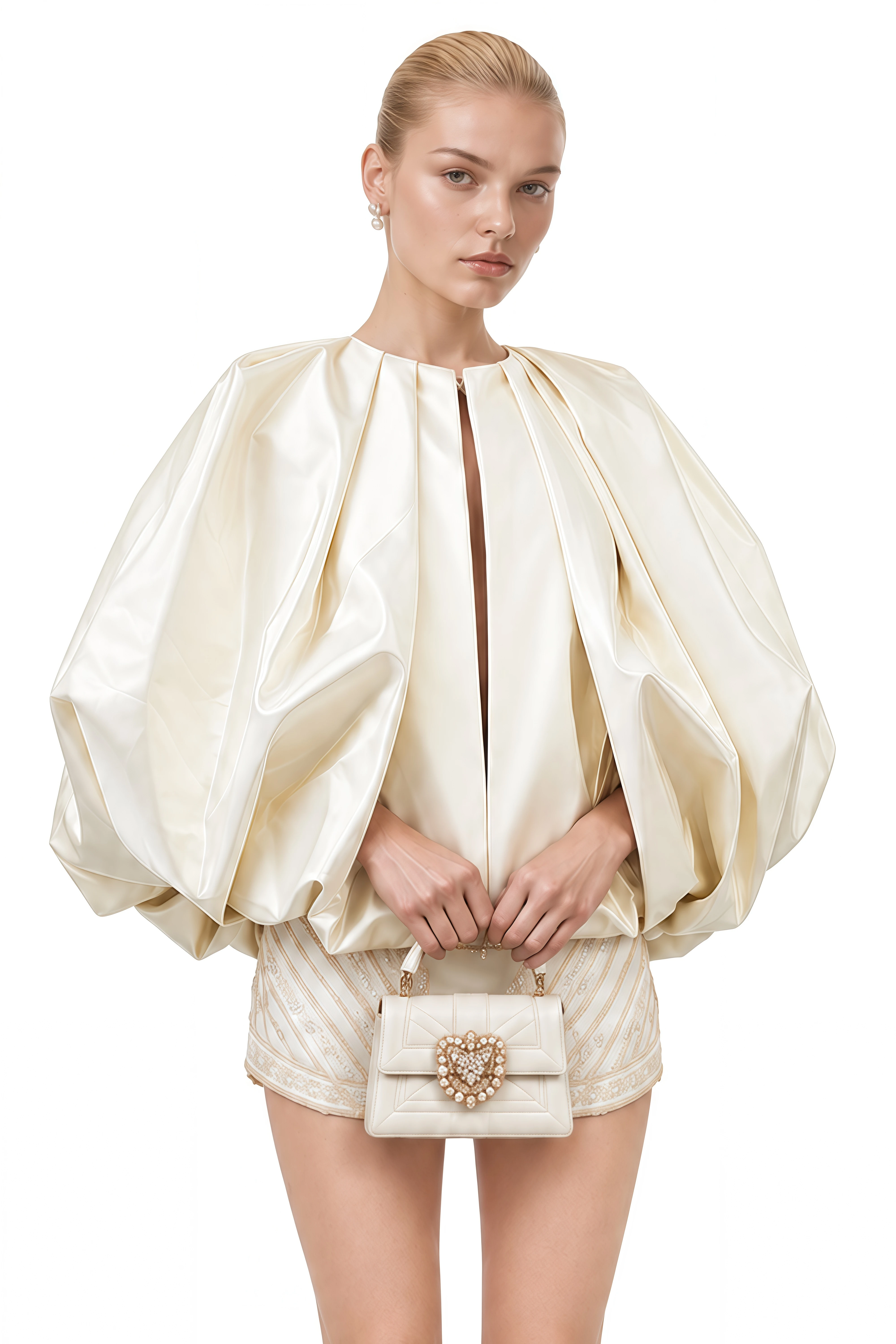 Brontë Neutral Puff Sleeve Pleated Blouse