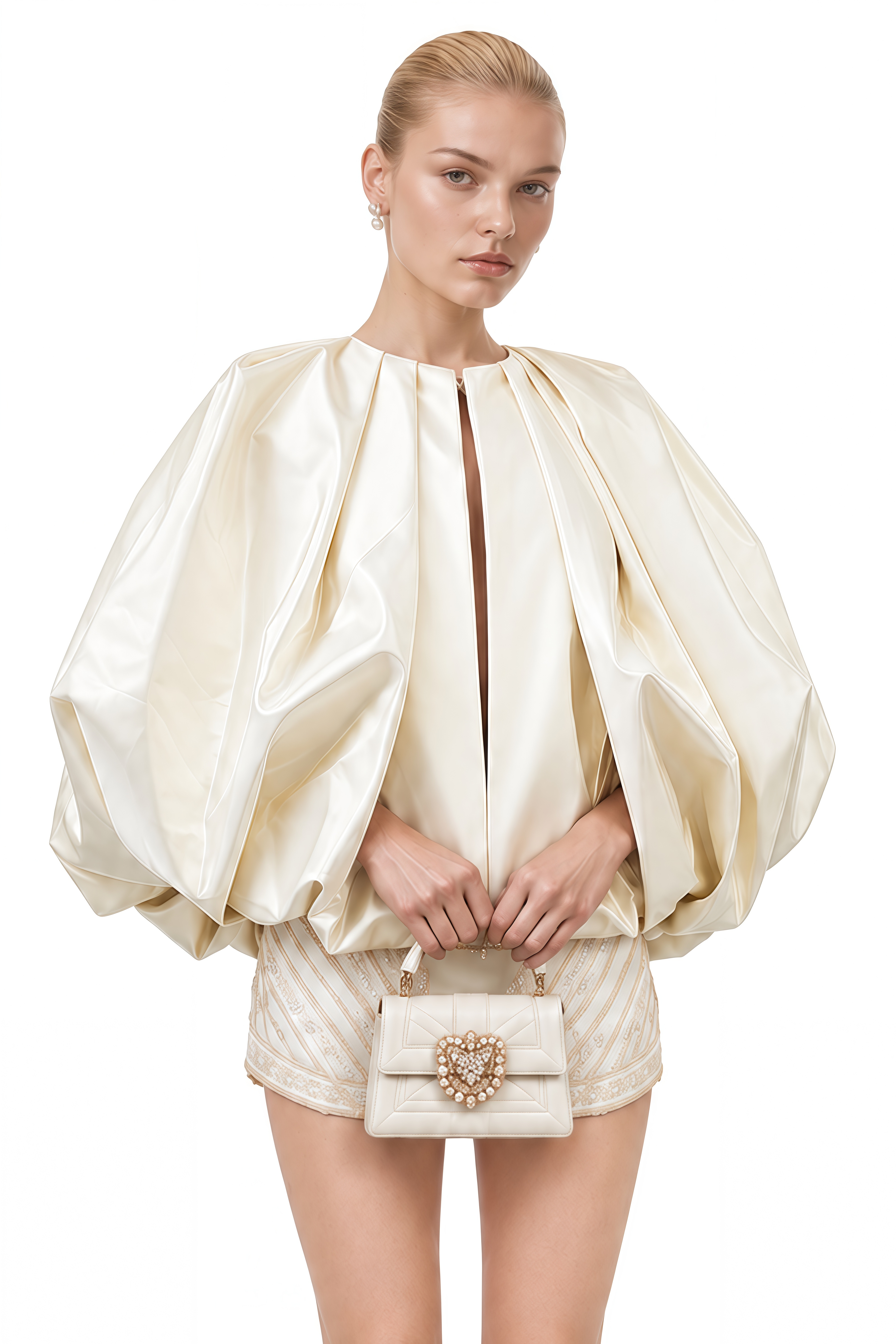 Brontë Neutral Puff Sleeve Pleated Blouse