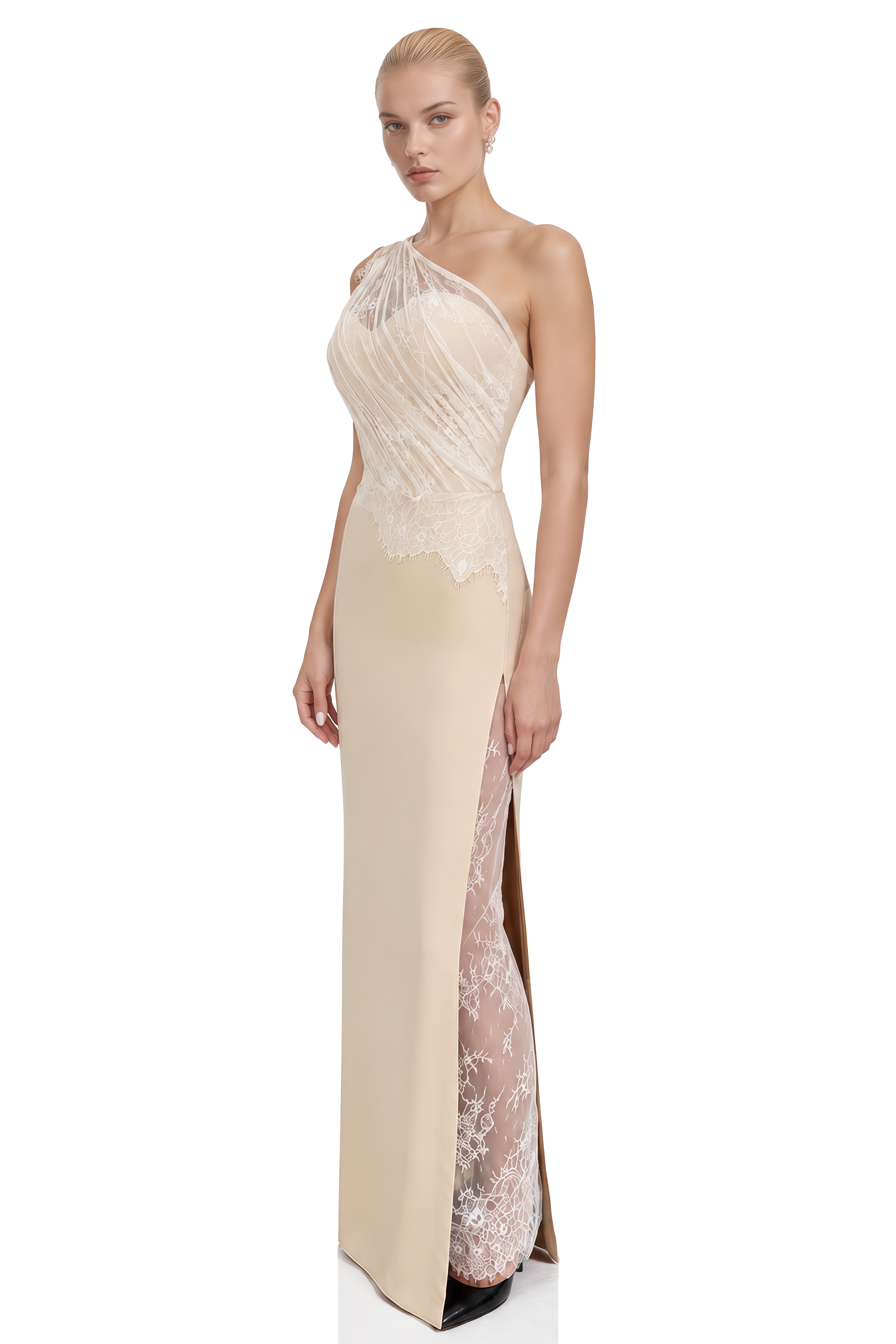 Stella Neutral One-Shoulder Lace Maxi Dress