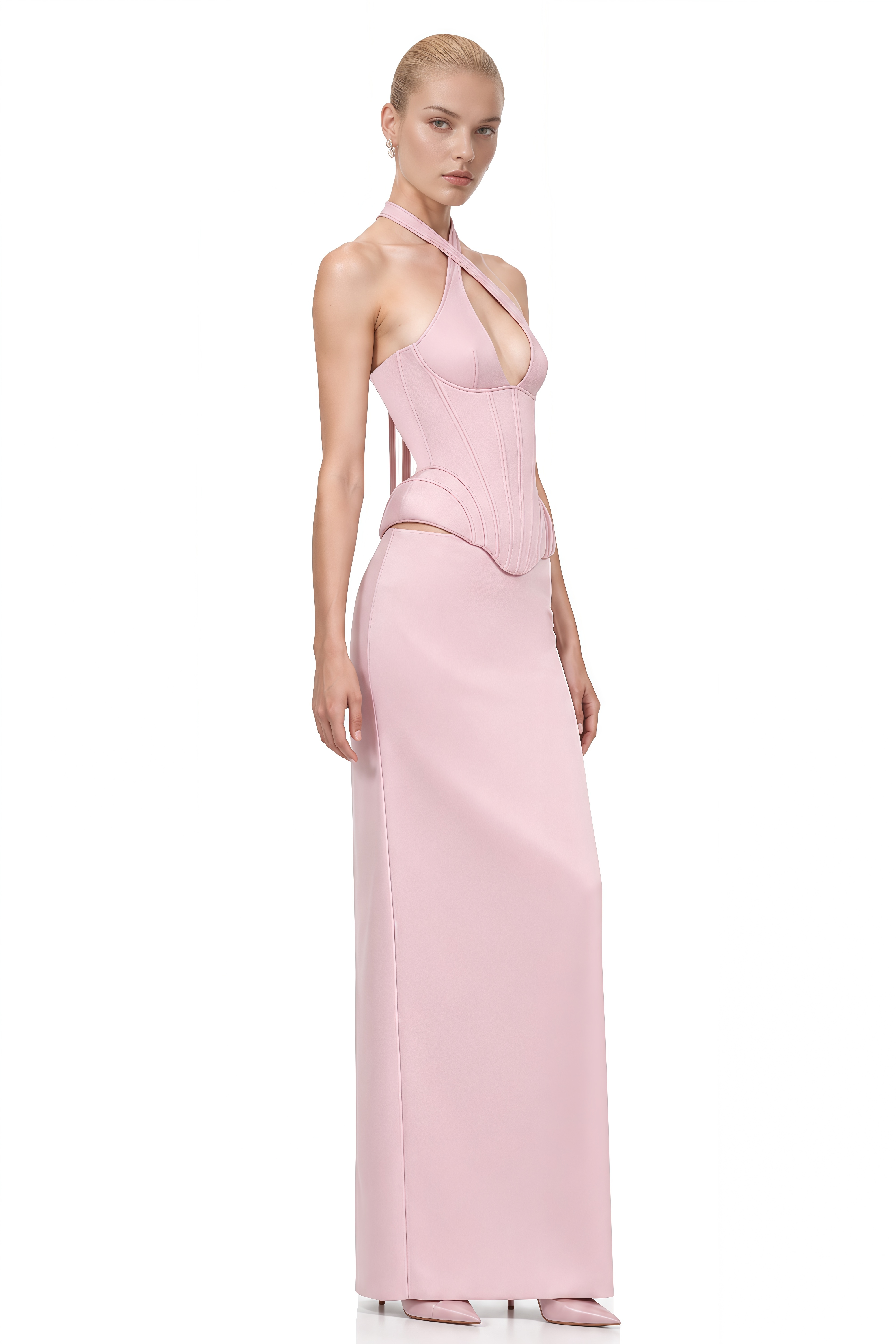 Thea Light Pink Halterneck Slit Top & Skirt Set