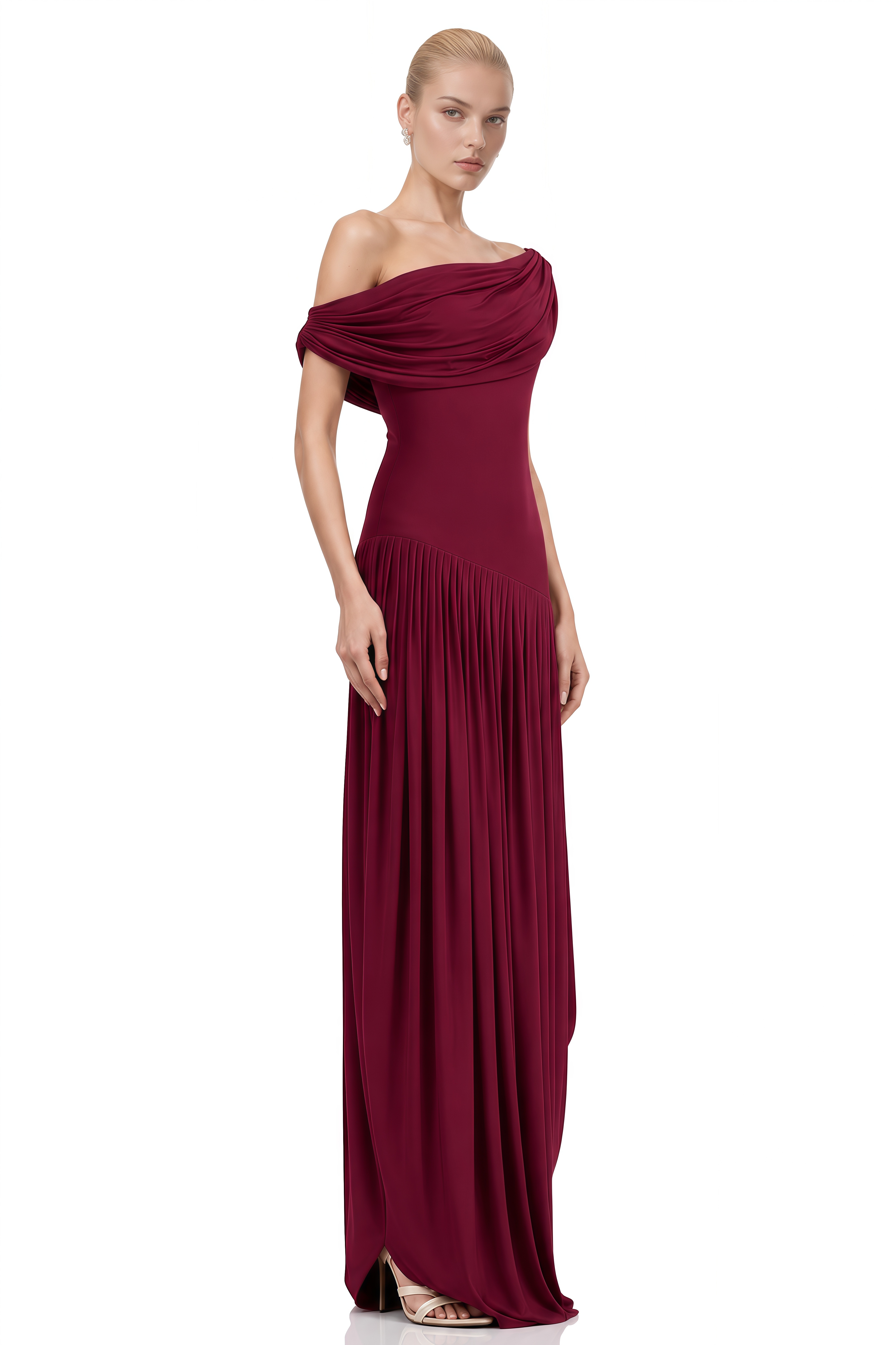 Rosie Burgundy Asymmetrical Pleated Maxi Dress