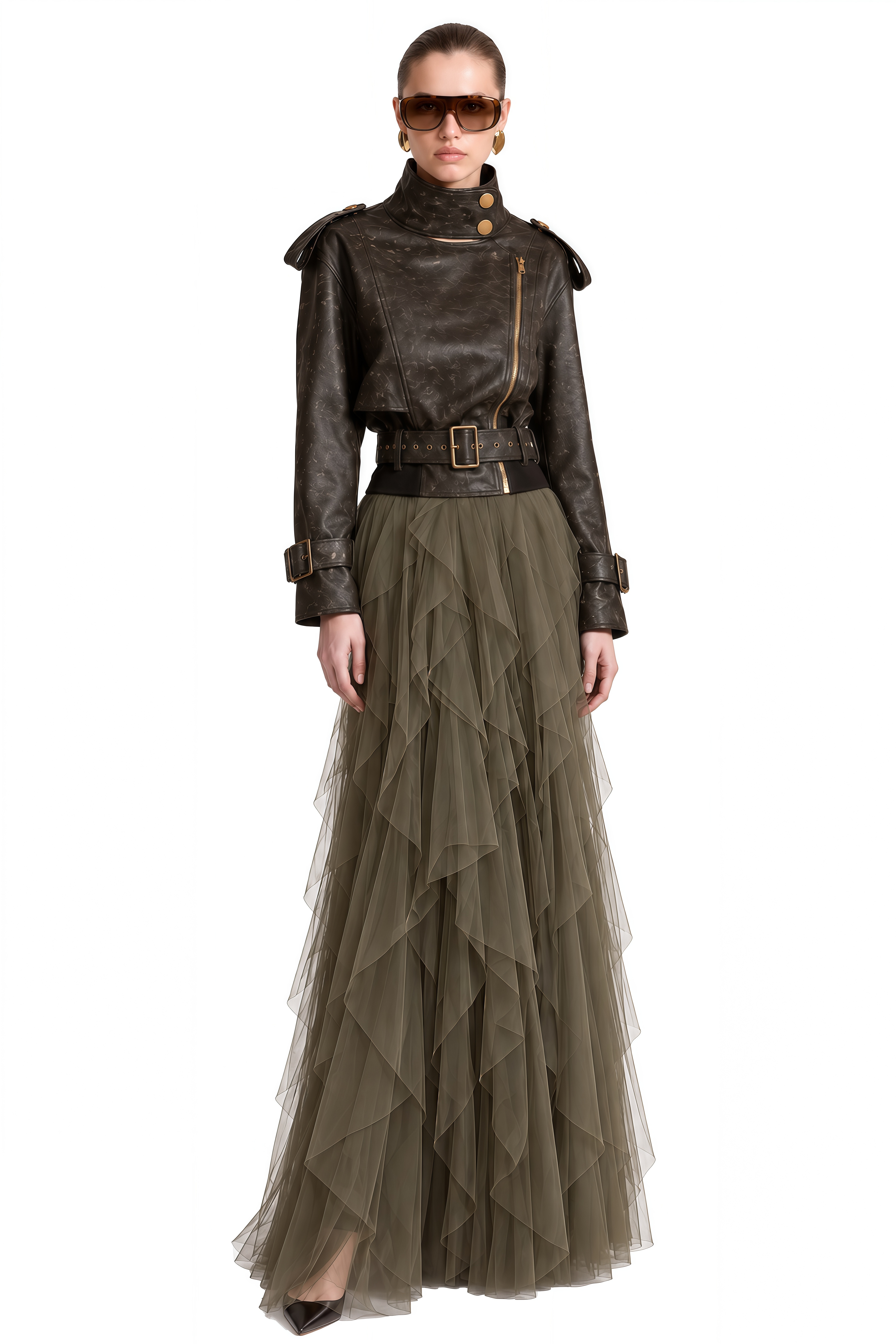 Theodora Olive Green Structured Ruffled Jacket & Skirt Set