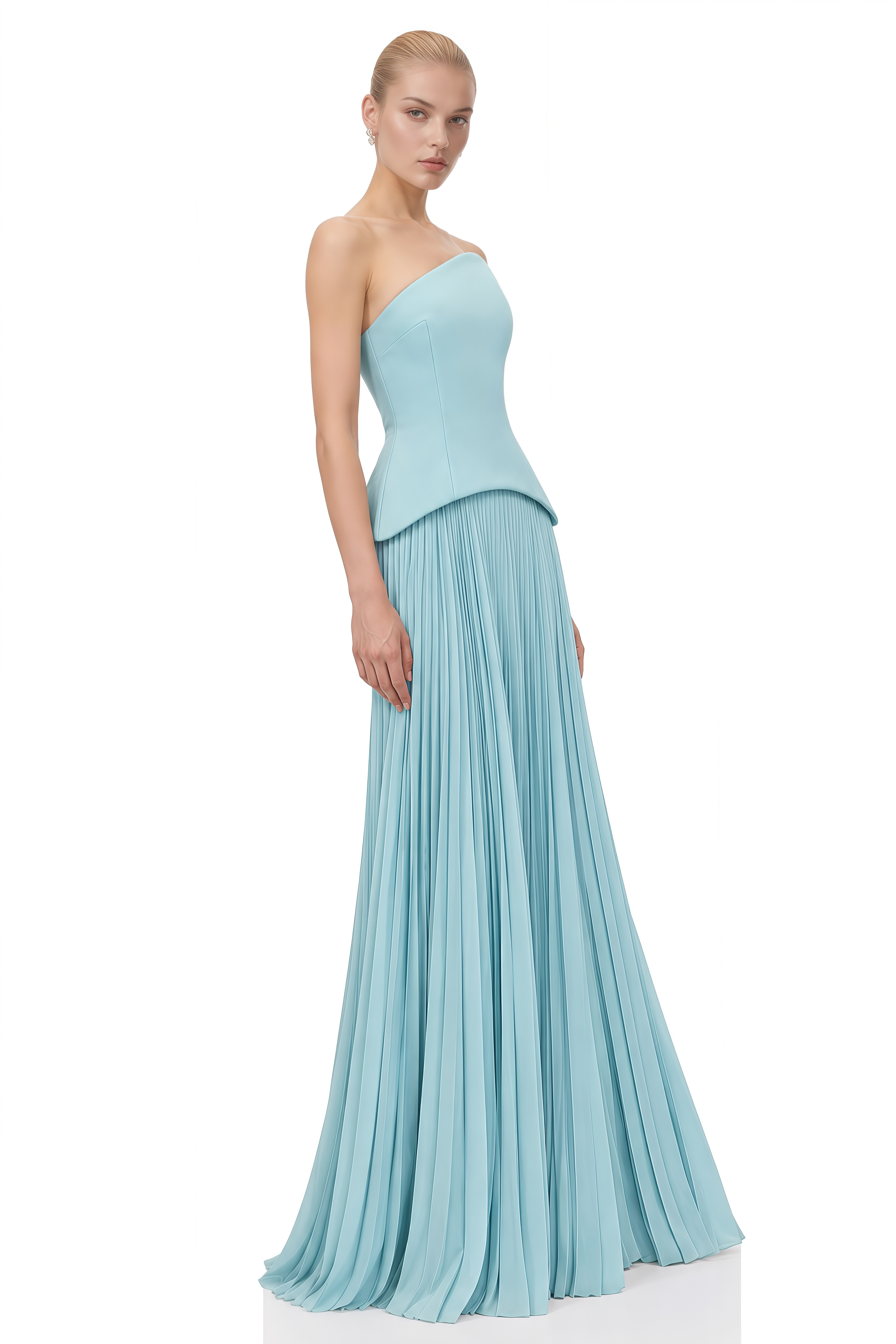Elowen Arctic Blue Asymmetrical Pleated Top & Skirt Set