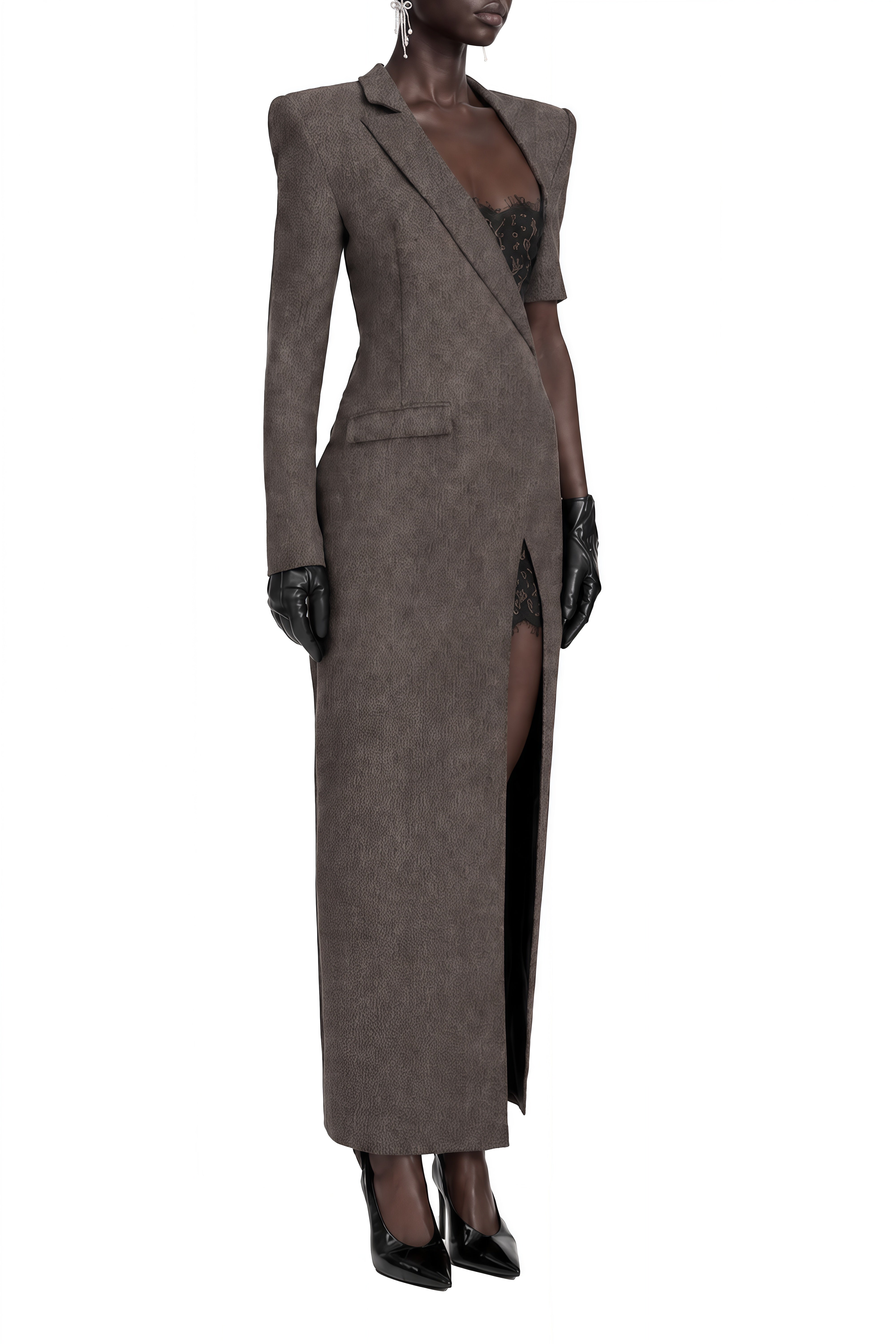 Felicity Dark Grey Lace Asymmetrical Maxi Dress