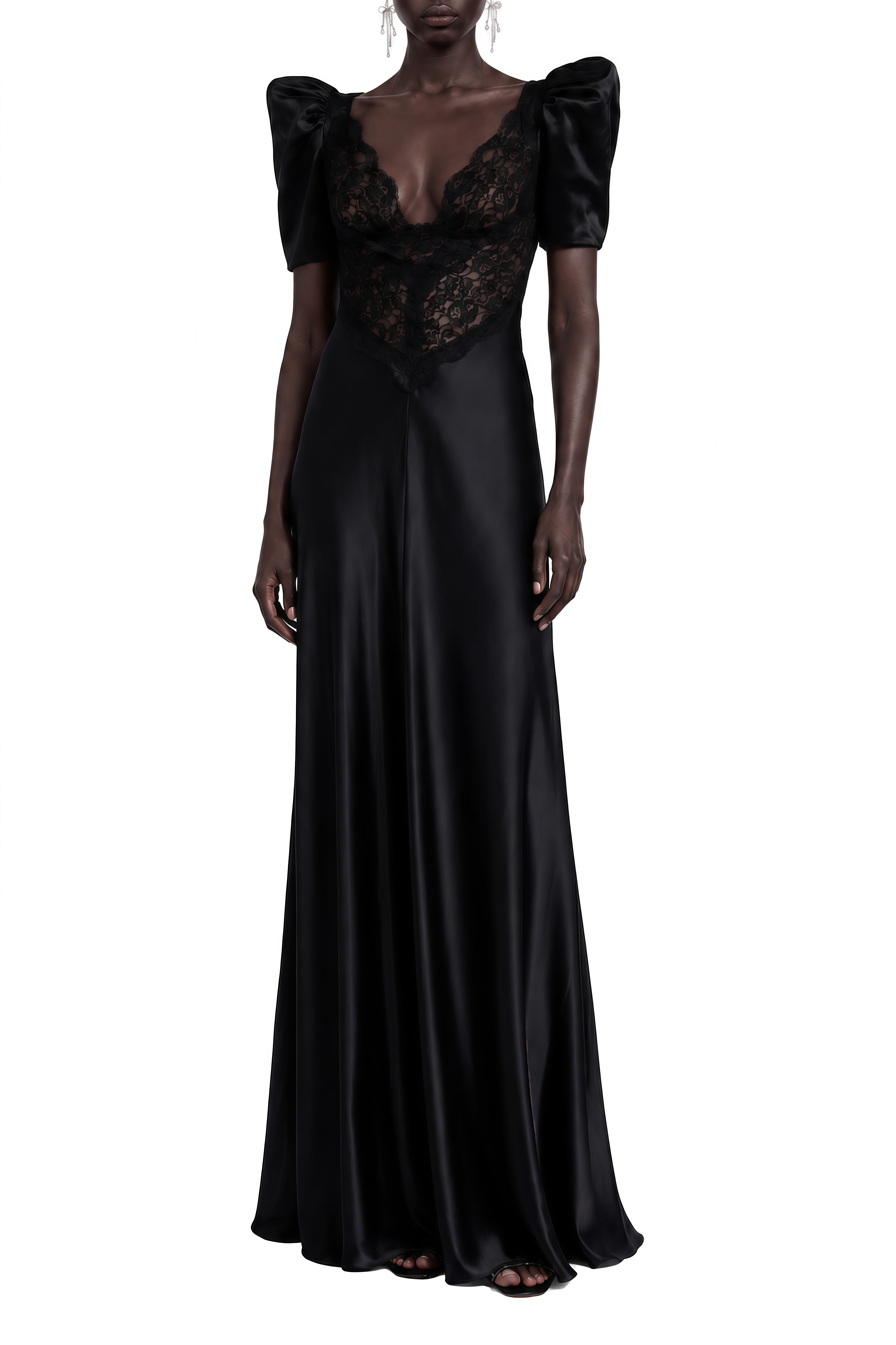 Aurora Black Lace Draped Maxi Dress