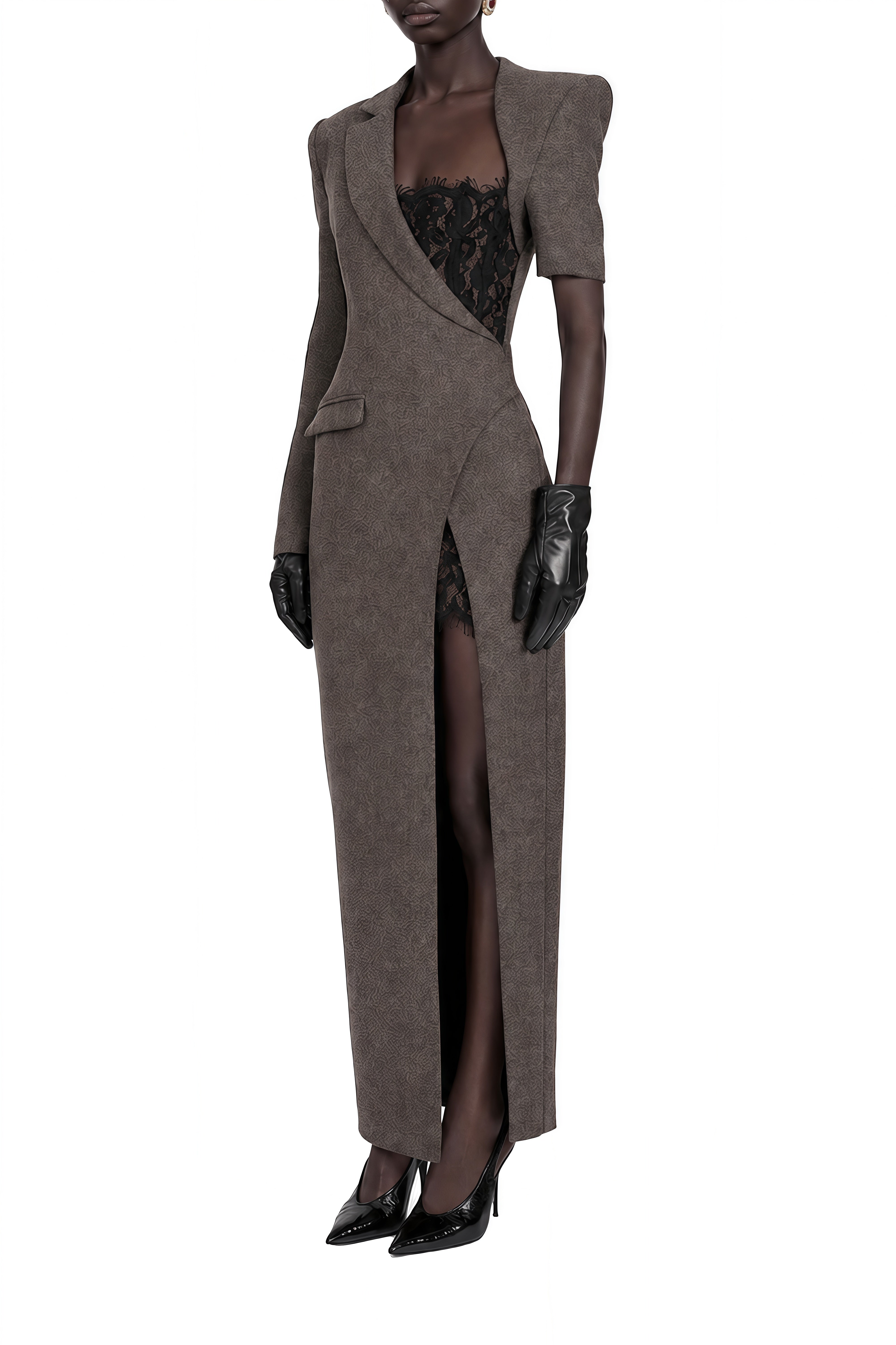Felicity Dark Grey Lace Asymmetrical Maxi Dress