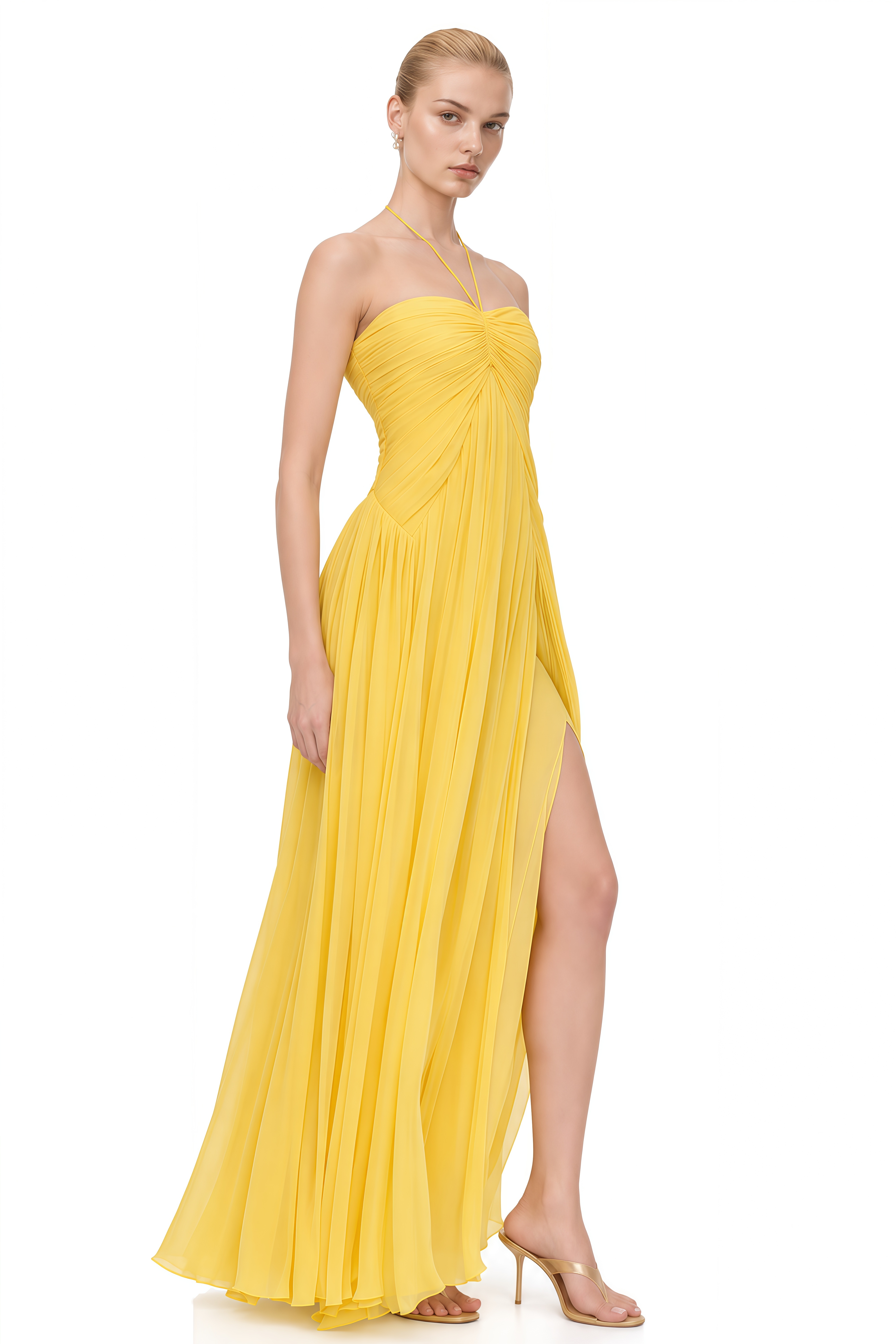 Felicity Yellow Halterneck Ruched Maxi Dress