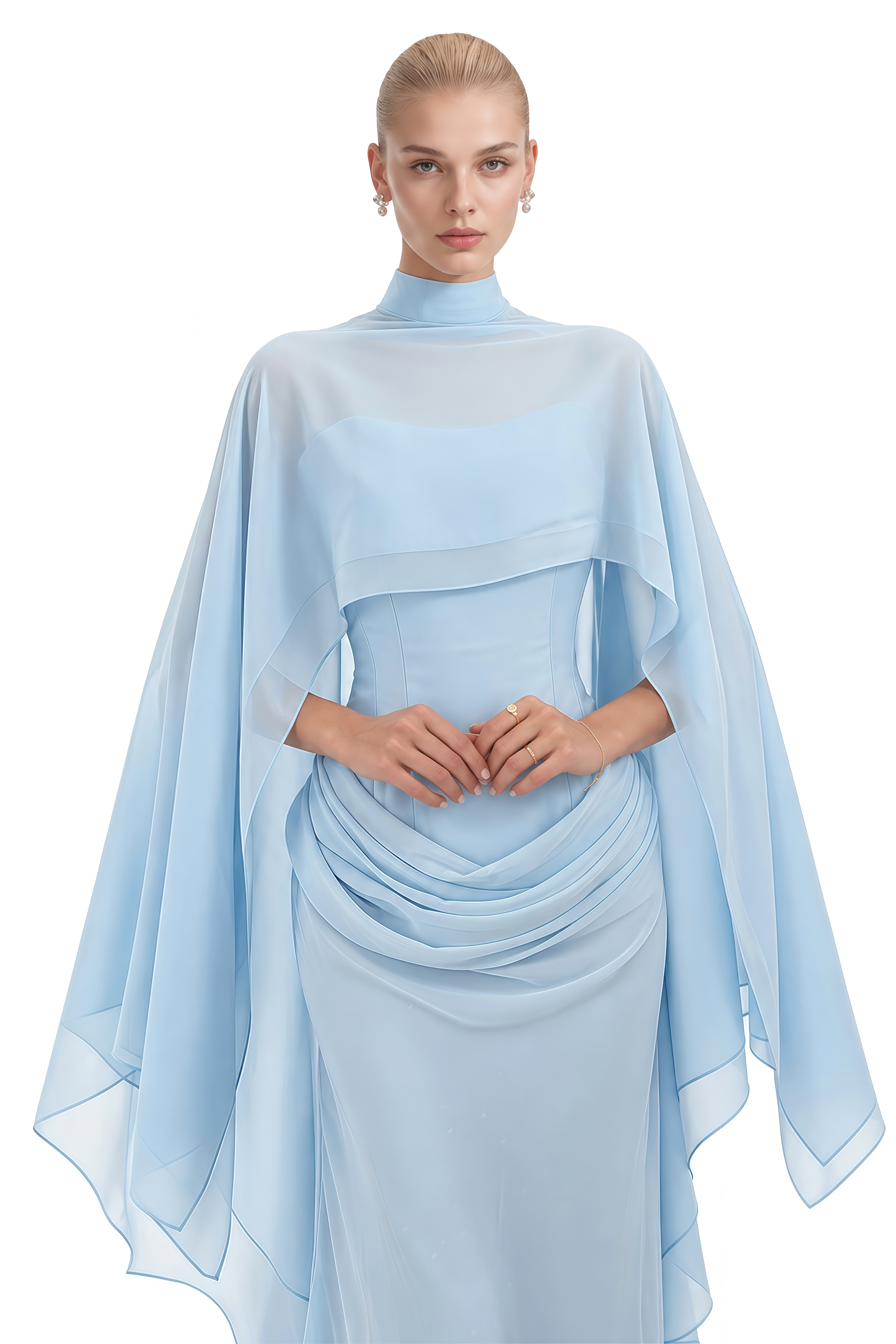 Althea Light Blue Turtleneck Cape Maxi Dress