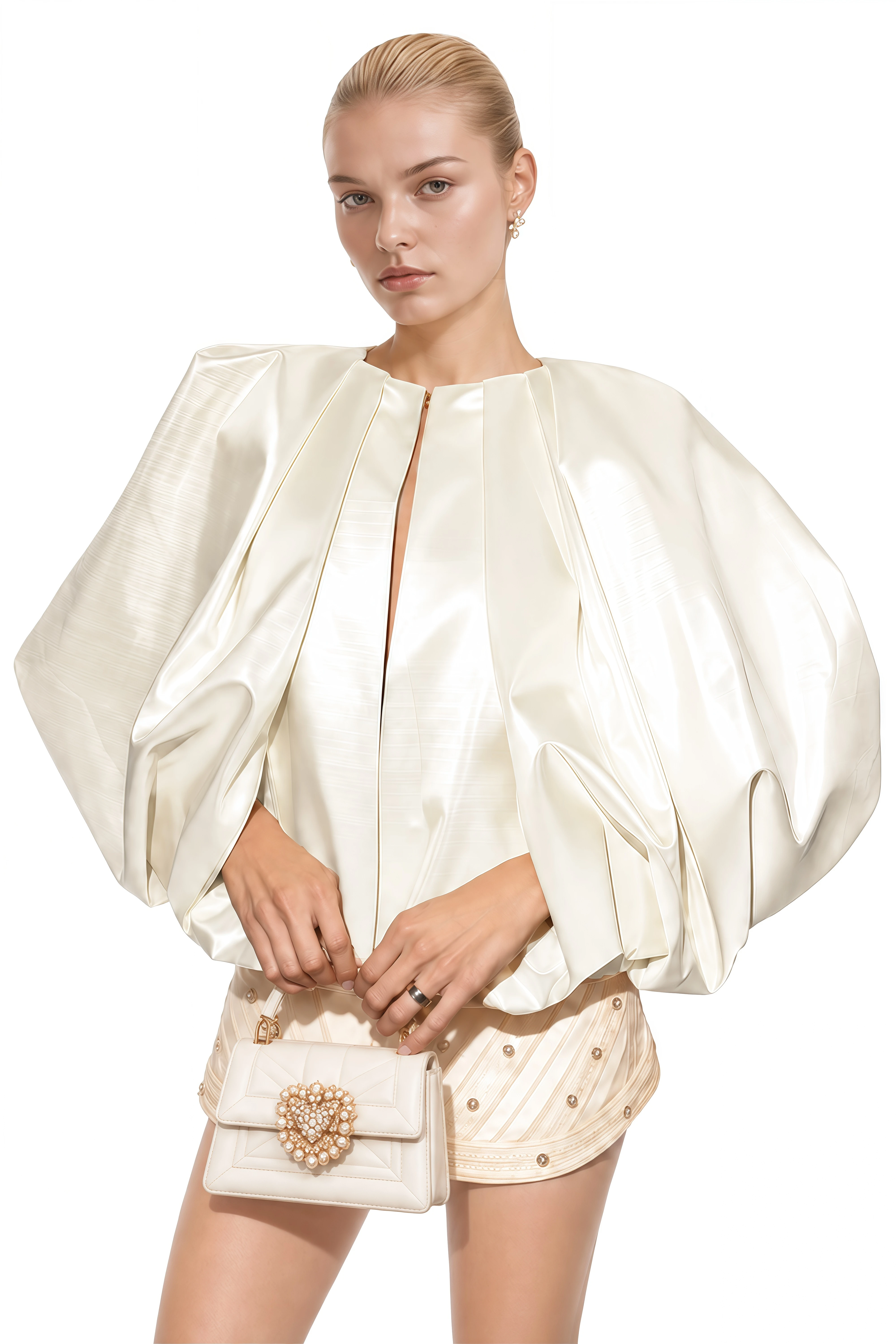 Brontë Neutral Puff Sleeve Pleated Blouse