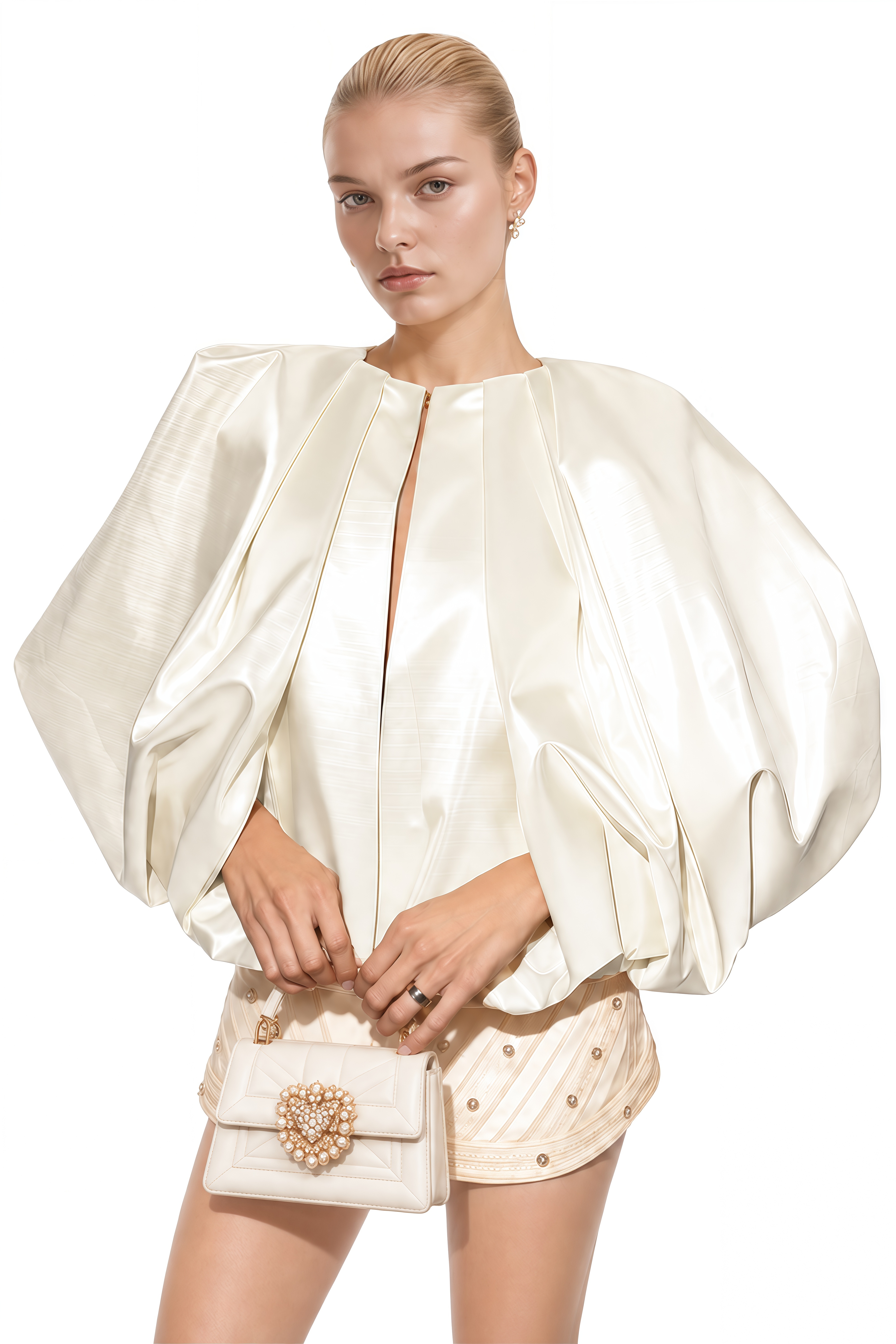 Brontë Neutral Puff Sleeve Pleated Blouse