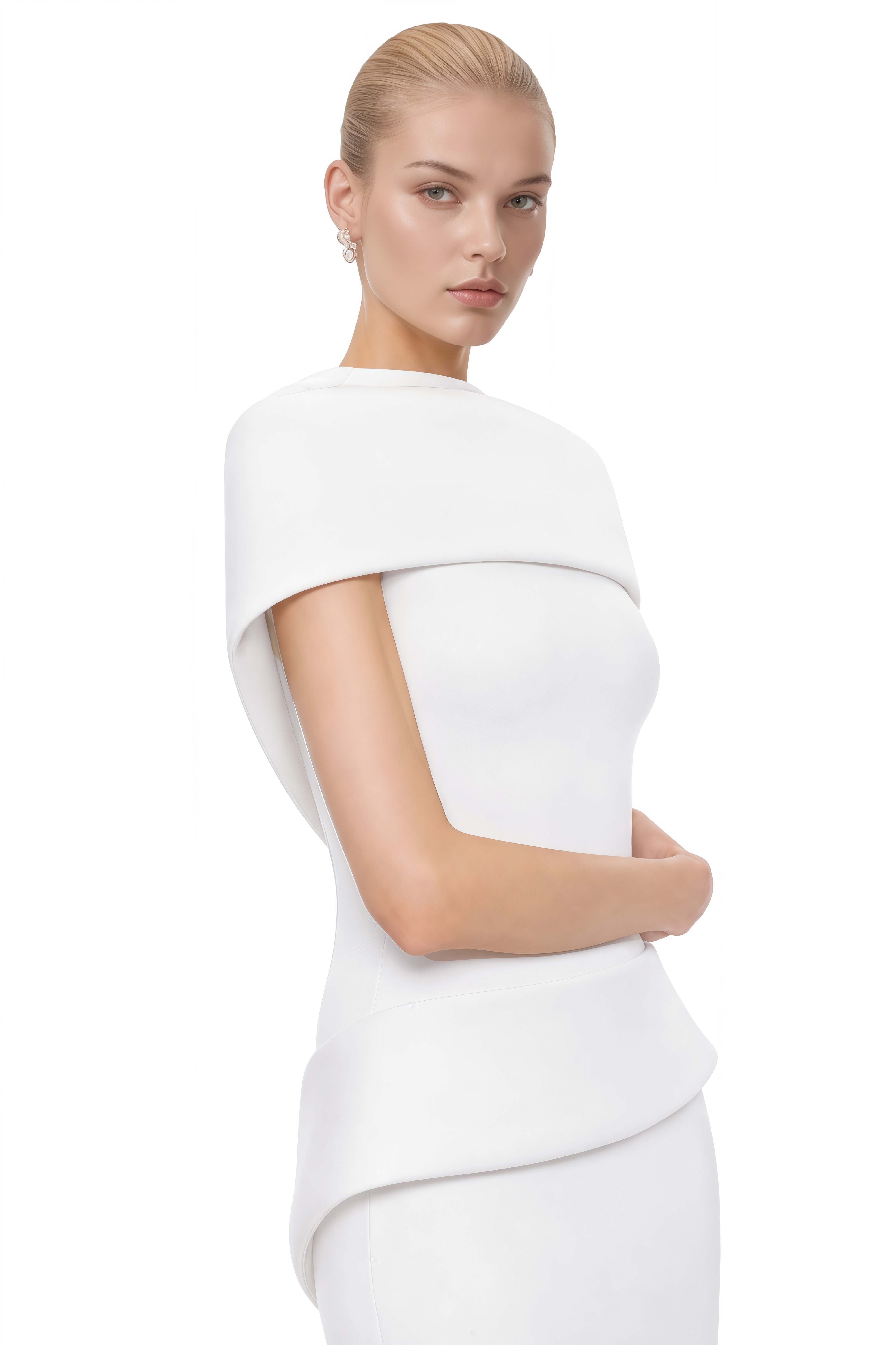 Sophia White Round Neck Cape Top & Skirt Set
