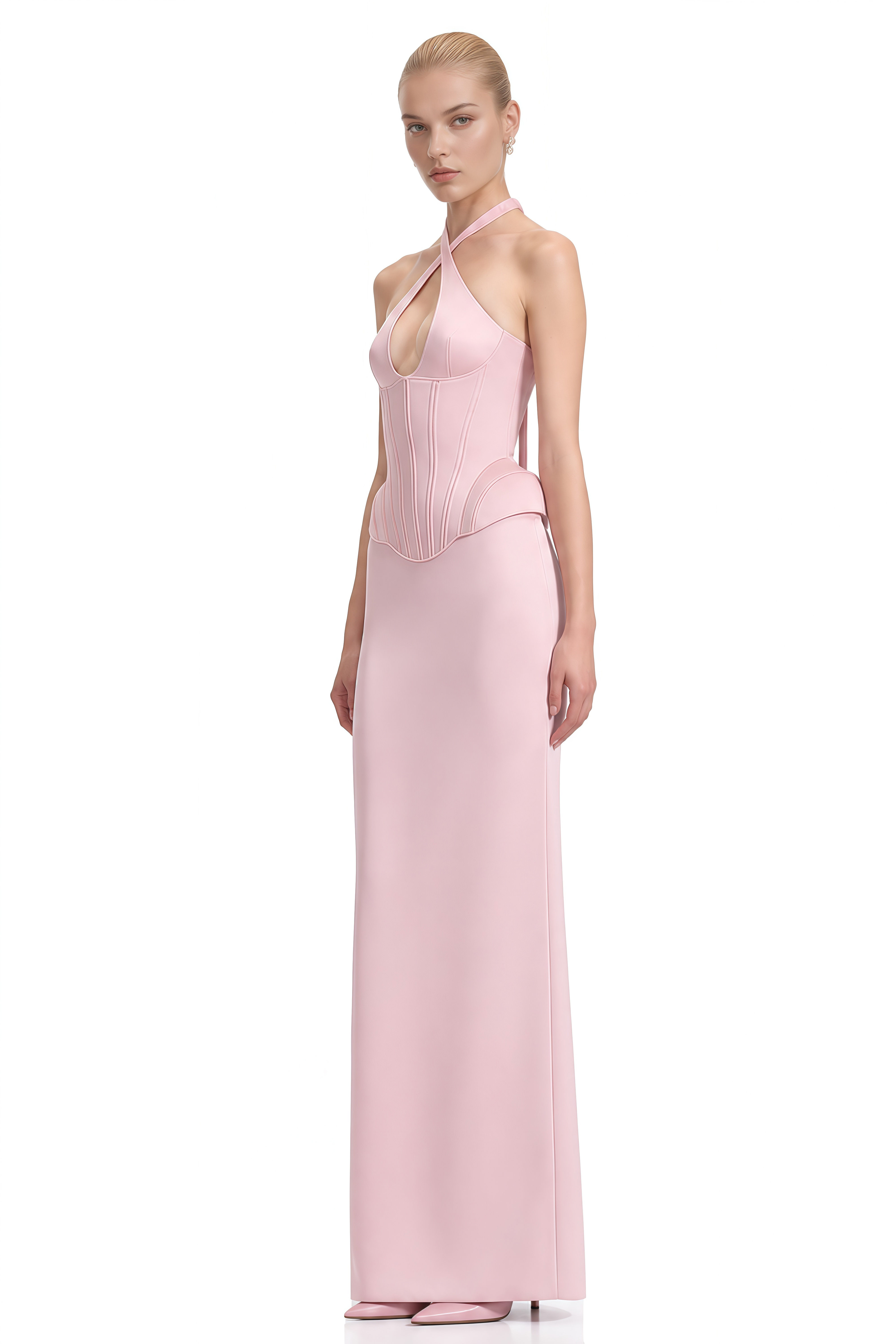 Thea Light Pink Halterneck Slit Top & Skirt Set