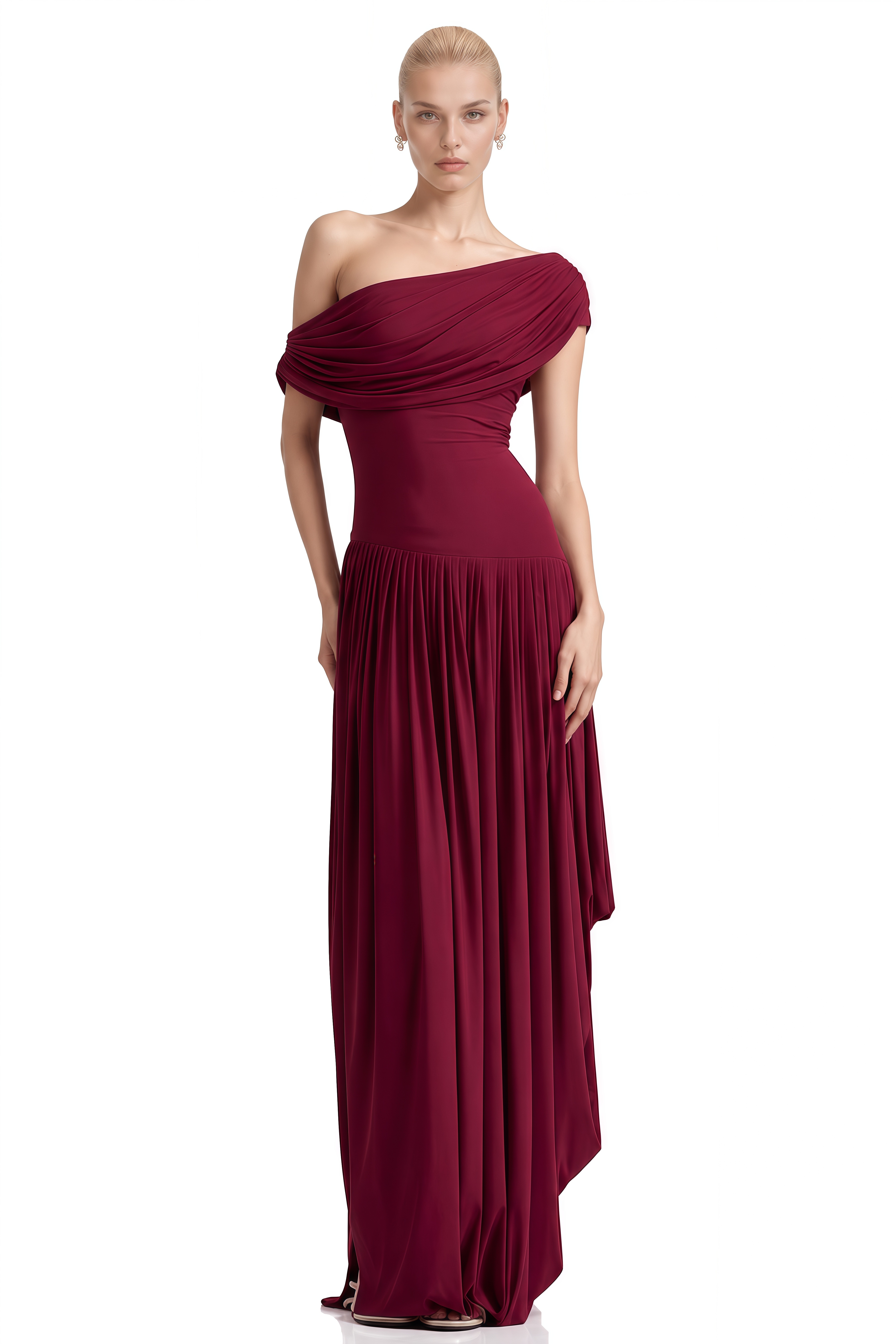 Rosie Burgundy Asymmetrical Pleated Maxi Dress