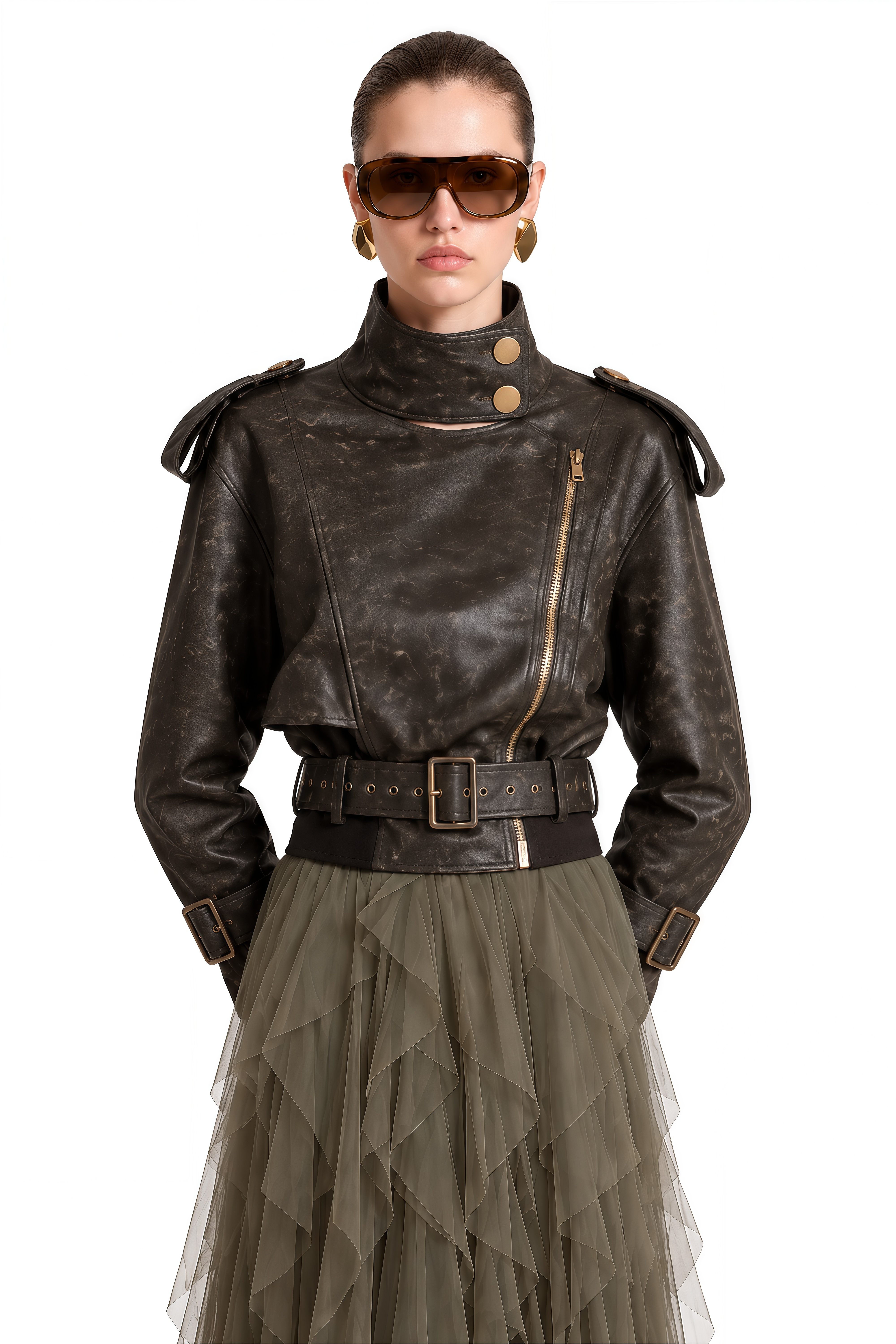 Theodora Olive Green Structured Ruffled Jacket & Skirt Set