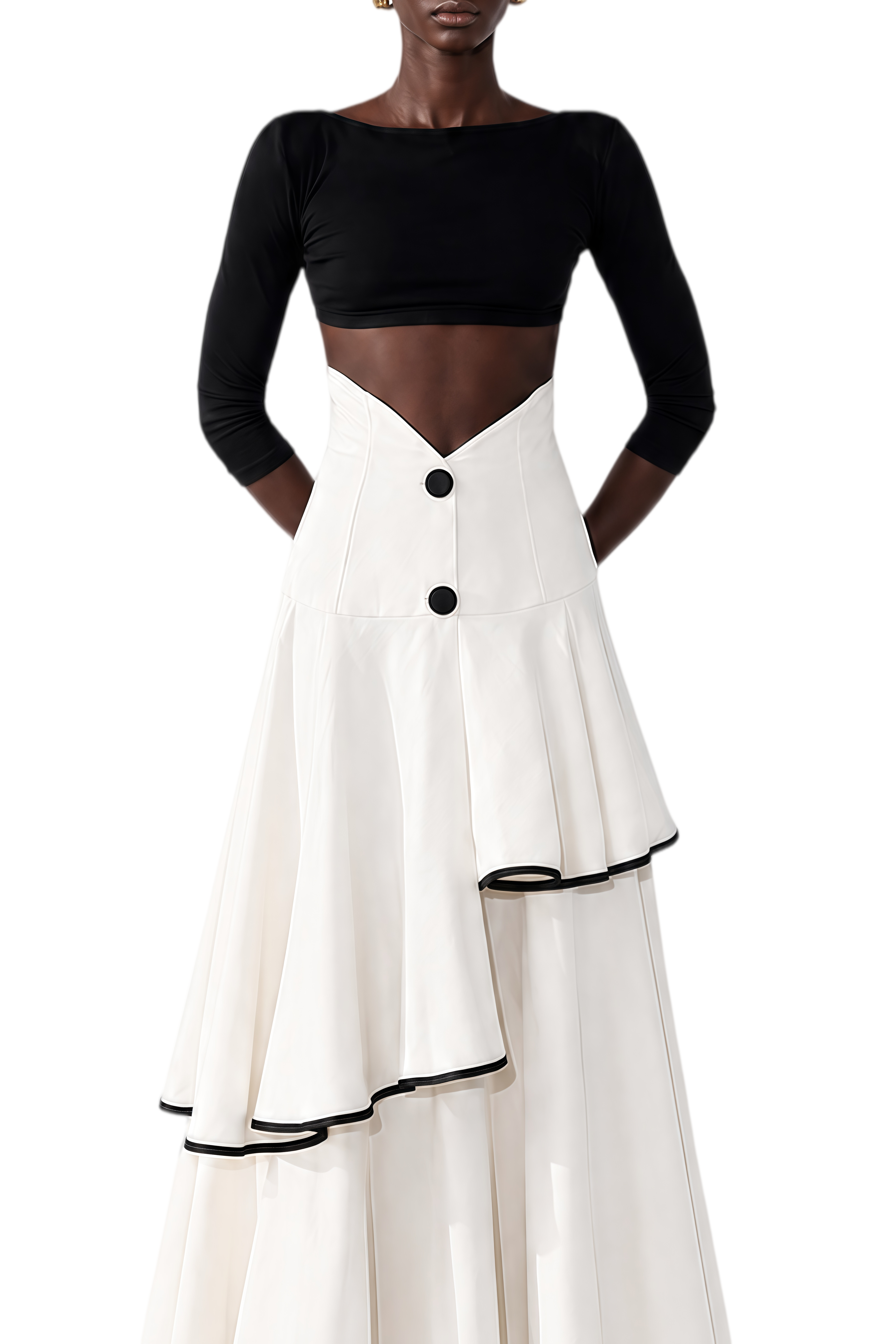 Emmeline White Round Neck Ruffled Top & Skirt Set