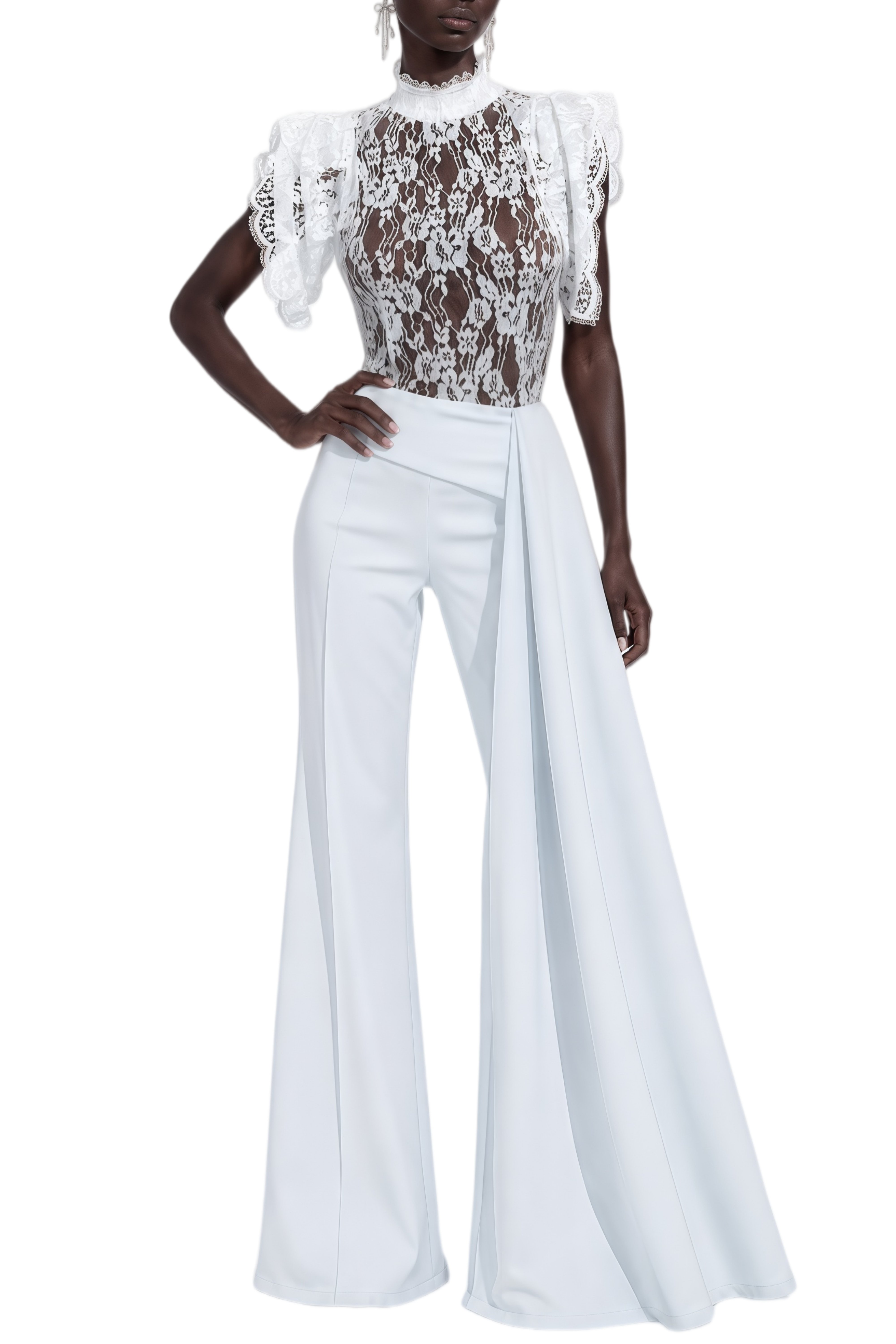 Mireille White Asymmetrical Lace Top & Trousers Set
