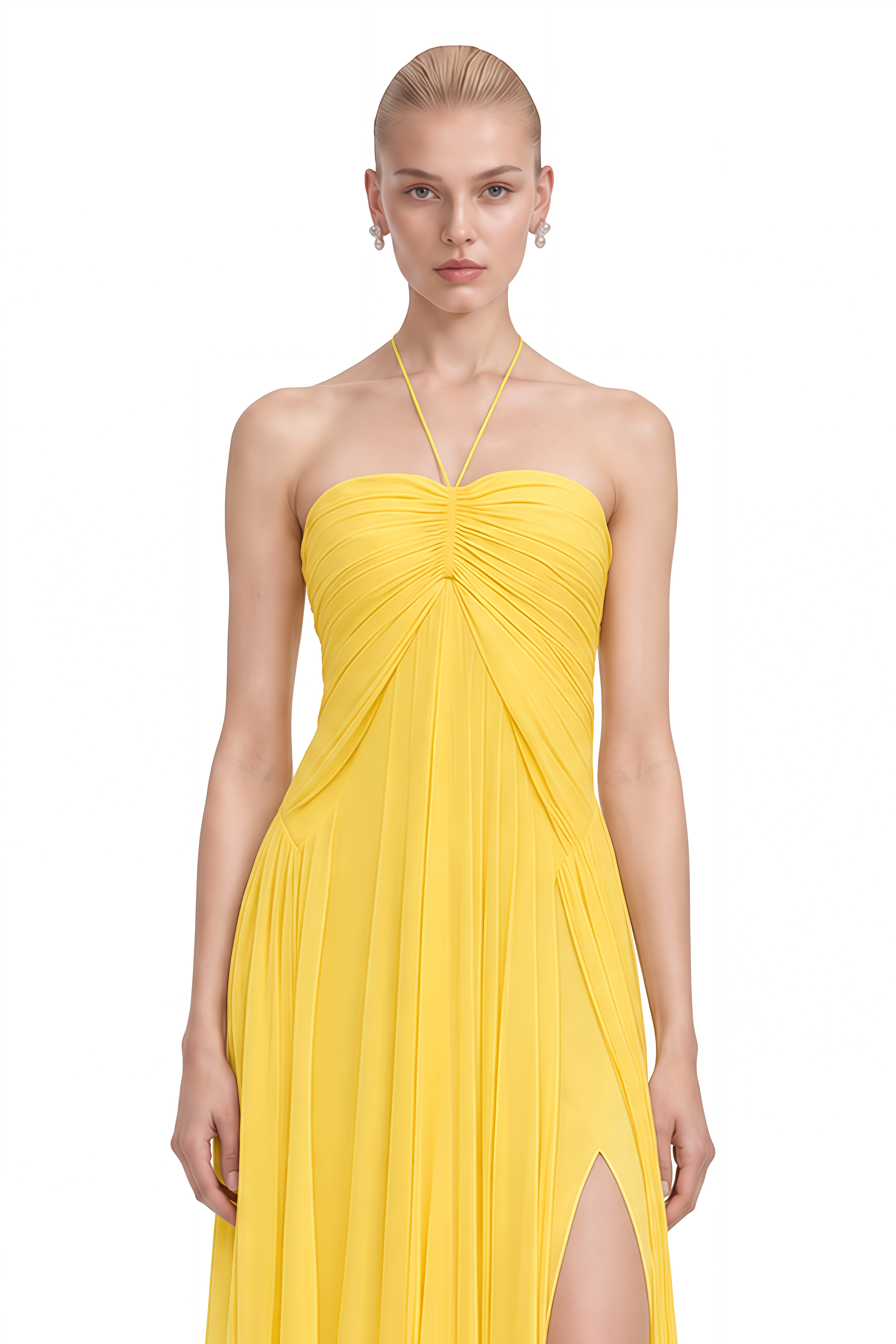 Felicity Yellow Halterneck Ruched Maxi Dress